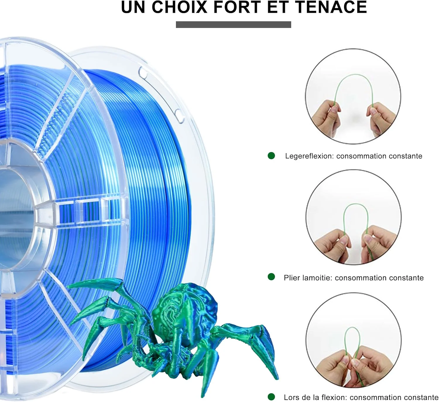 فیلامنت پرینتر سه بعدی iBOSS PLA PLUS، فیلامنت PLA+ 1.75 میلی‌متری ابریشمی دورنگ، فیلامنت پرینت سه بعدی براق Co-Extrusion 1 کیلوگرمی (2.2 پوند)، ابریشمی دورنگ آبی سبز