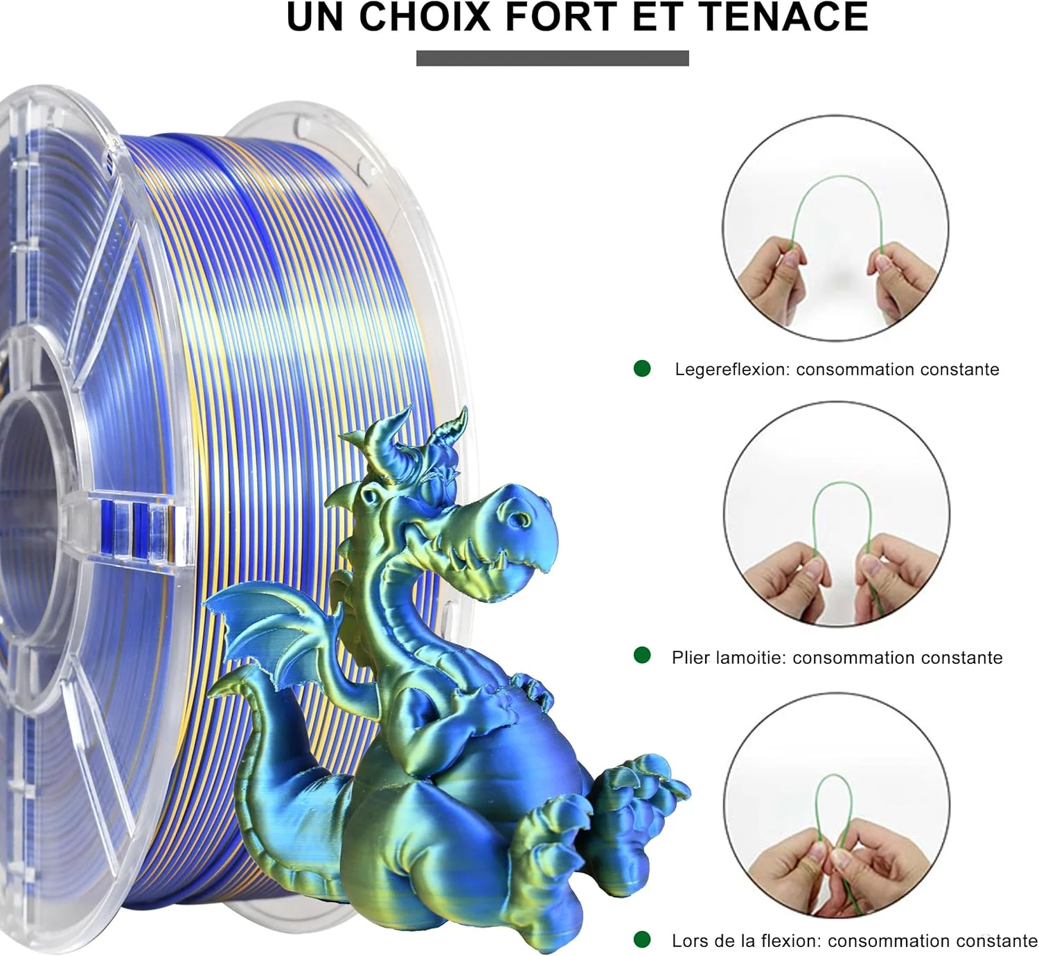 فیلامنت پرینتر سه بعدی iBOSS PLA PLUS، فیلامنت PLA+ 1.75mm ابریشمی دو رنگ، فیلامنت پرینت سه بعدی روشن Co-Extrusion 1kg (2.2lbs)، ابریشمی دو رنگ آبی و طلایی