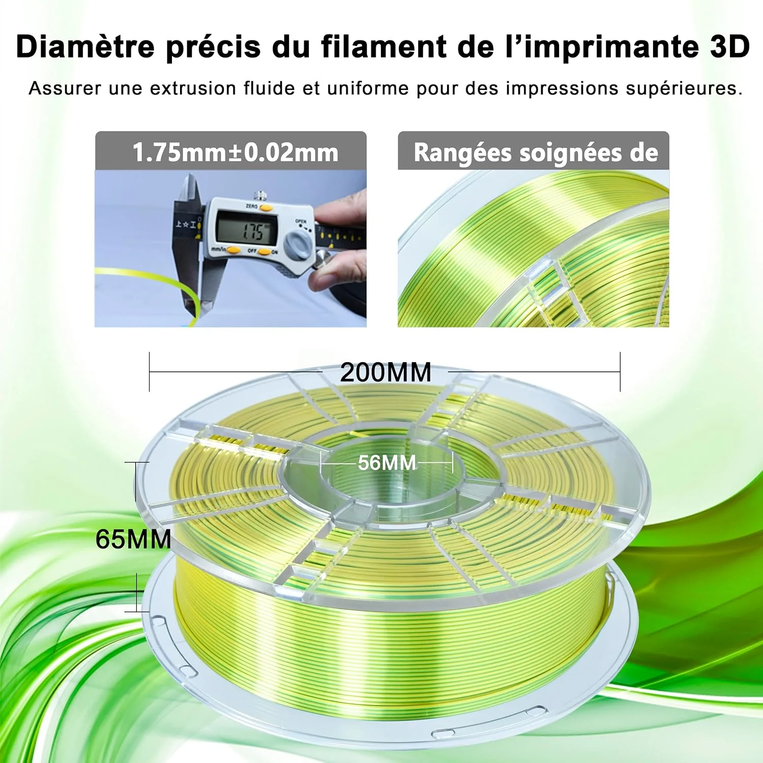 فیلامنت پرینتر سه بعدی PLA آی‌باس، فیلامنت PLA 1.75 میلی‌متری ابریشمی دورنگ، فیلامنت پرینت سه بعدی اکستروژن روشن 1 کیلوگرمی (2.2 پوند)، دورنگ زرد سبز