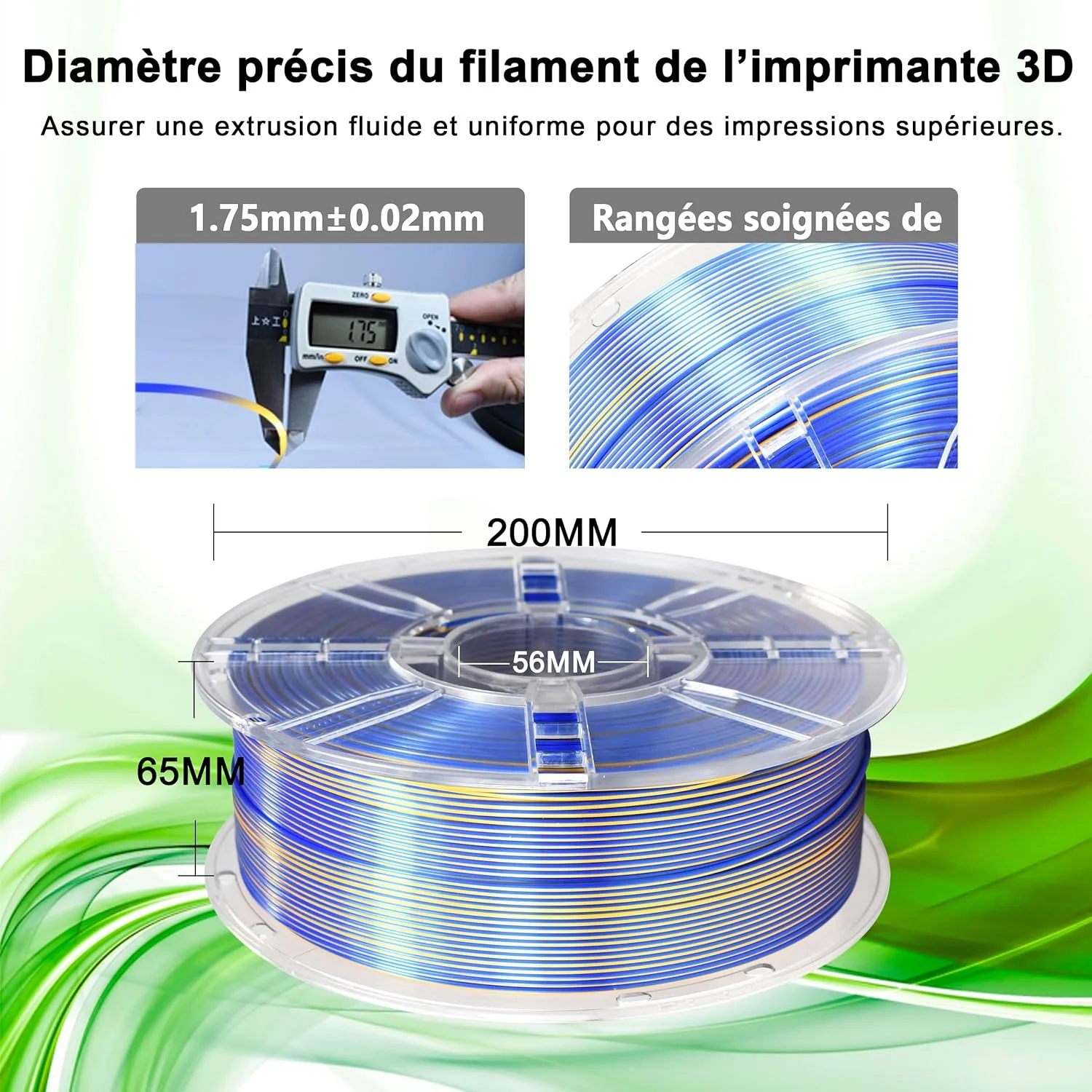 فیلامنت پرینتر سه بعدی iBOSS PLA PLUS، فیلامنت PLA+ 1.75mm ابریشمی دو رنگ، فیلامنت پرینت سه بعدی روشن Co-Extrusion 1kg (2.2lbs)، ابریشمی دو رنگ آبی و طلایی