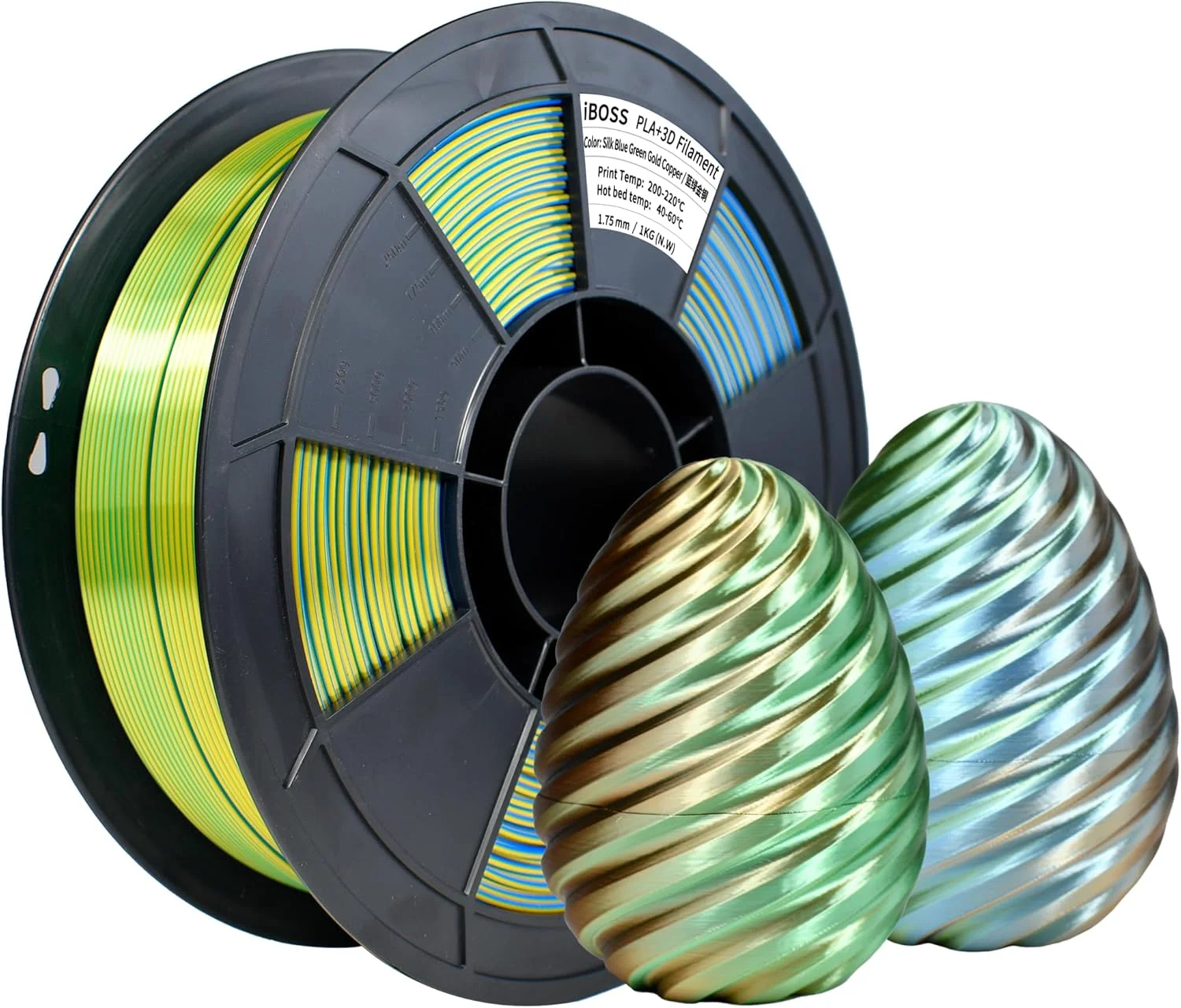 فیلامنت PLA+ آی‌باس 1.75 میلی‌متر، فیلامنت چهار رنگ (آبی، سبز، طلایی و مسی 01)، متریال چاپ سه بعدی ابریشمی PLA+، دقت +/- 0.02 میلی‌متر، 1 کیلوگرم، سازگار با اکثر پرینترهای FDM