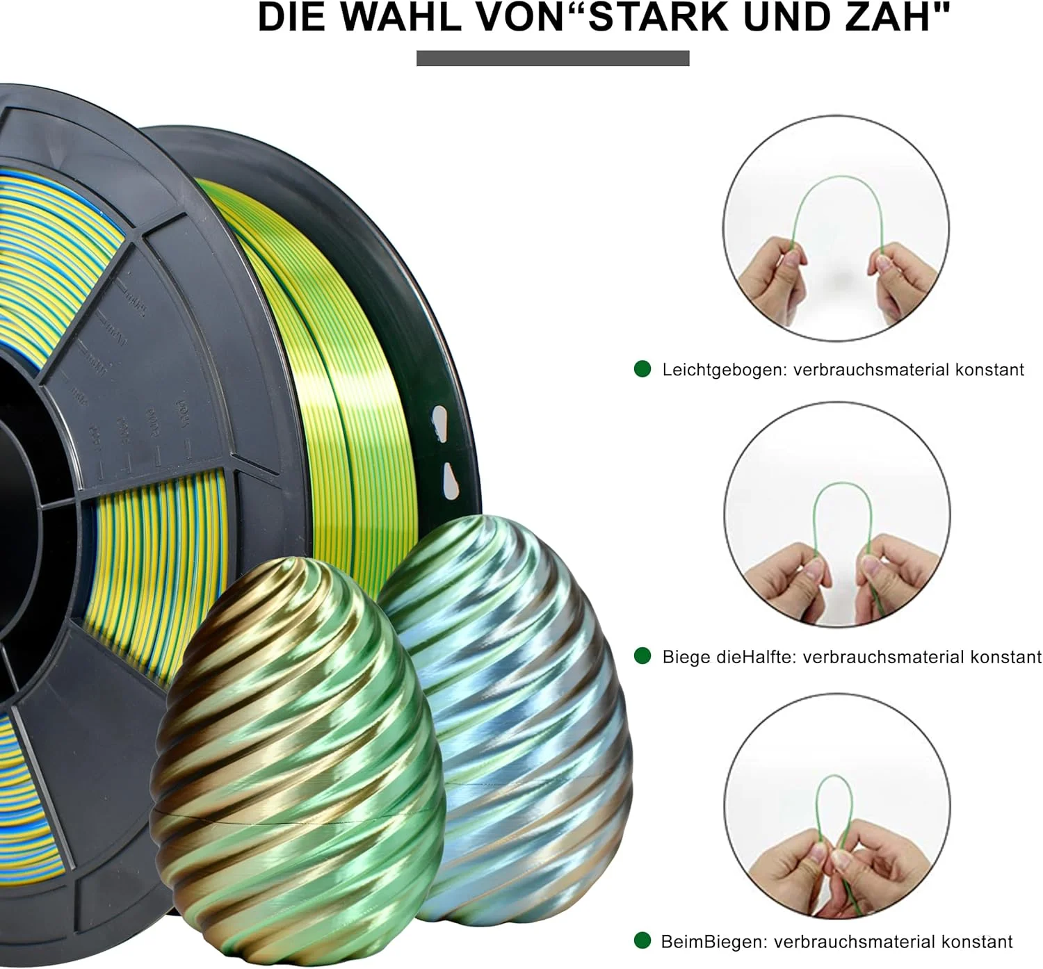 فیلامنت PLA+ آی‌باس 1.75 میلی‌متر، فیلامنت چهار رنگ (آبی، سبز، طلایی و مسی 01)، متریال چاپ سه بعدی ابریشمی PLA+، دقت +/- 0.02 میلی‌متر، 1 کیلوگرم، سازگار با اکثر پرینترهای FDM