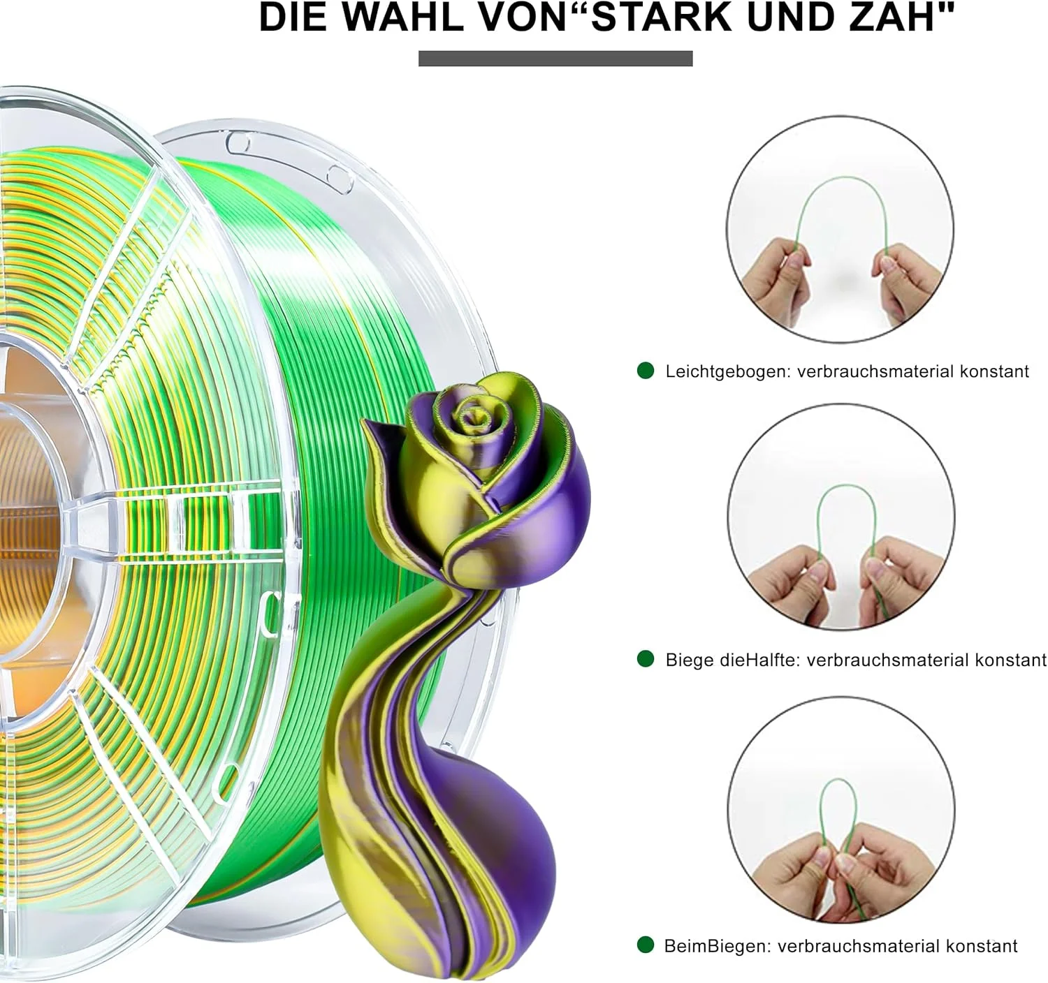 فیلامنت PLA+ آی‌باس، سبز بنفش، متریال چاپ سه بعدی براق، 1.75 میلی‌متر +/- 0.02 میلی‌متر، 1 کیلوگرم، سازگار با اکثر پرینترهای FDM (طلایی، سبز و بنفش)