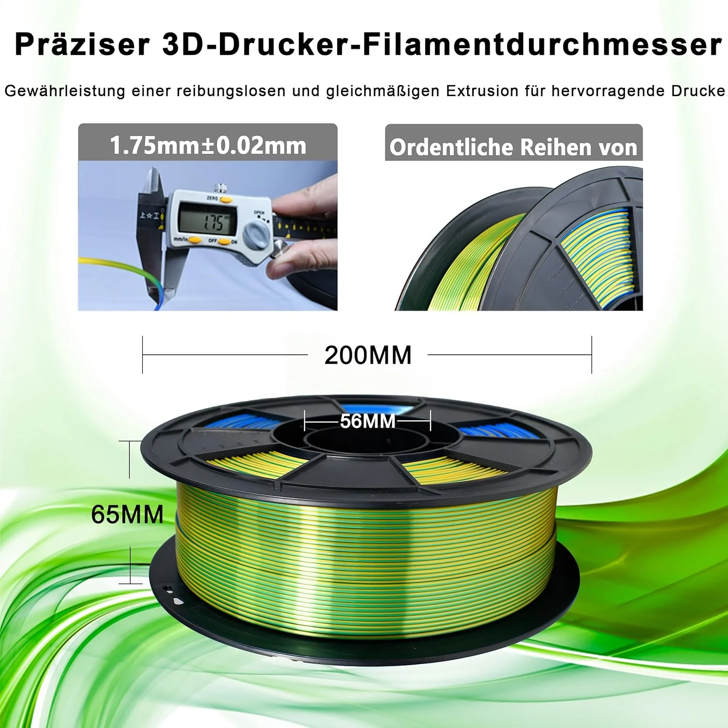 فیلامنت PLA+ آی‌باس 1.75 میلی‌متر، فیلامنت چهار رنگ (آبی، سبز، طلایی و مسی 01)، متریال چاپ سه بعدی ابریشمی PLA+، دقت +/- 0.02 میلی‌متر، 1 کیلوگرم، سازگار با اکثر پرینترهای FDM