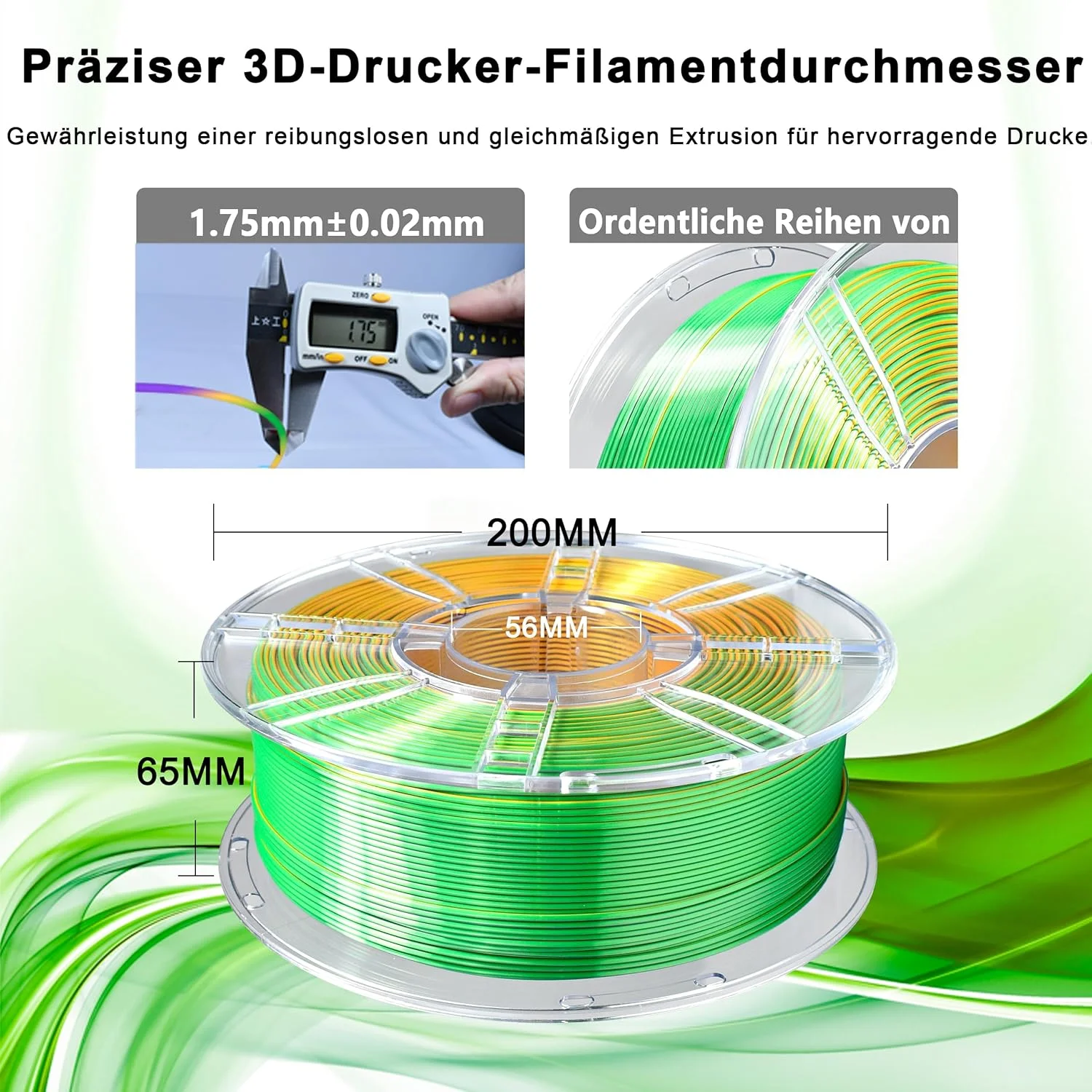 فیلامنت PLA+ آی‌باس، سبز بنفش، متریال چاپ سه بعدی براق، 1.75 میلی‌متر +/- 0.02 میلی‌متر، 1 کیلوگرم، سازگار با اکثر پرینترهای FDM (طلایی، سبز و بنفش)