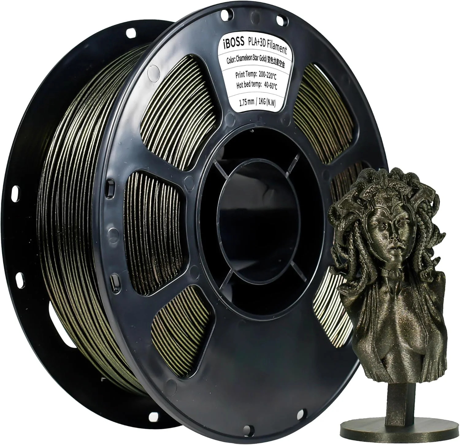 فیلامنت PLA+ آفتاب‌پرست iBOSS، متریال چاپ سه بعدی، ۱.۷۵ میلی‌متر +/- ۰.۰۲ میلی‌متر، ۱ کیلوگرم/موج، ۲.۲ پوند سازگار با اکثر پرینترهای FDM (طلایی ستاره‌ای)