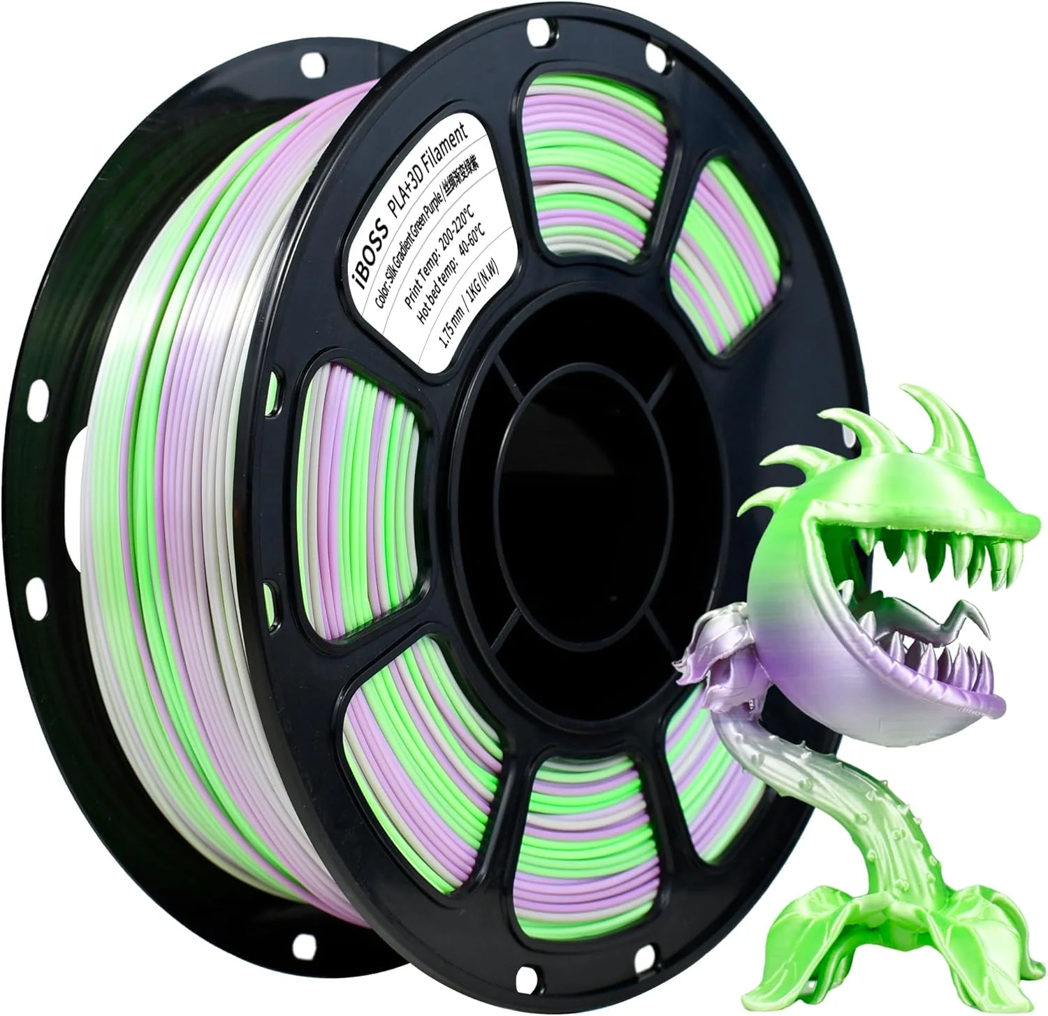 فیلامنت PLA+ آی‌باس، گرادیان سبز و بنفش، متریال چاپ سه بعدی ابریشمی براق، دقت ابعادی 1.75 میلی‌متر +/- 0.02 میلی‌متر، 1 کیلوگرم، سازگار با اکثر پرینترهای FDM (سبز و بنفش)