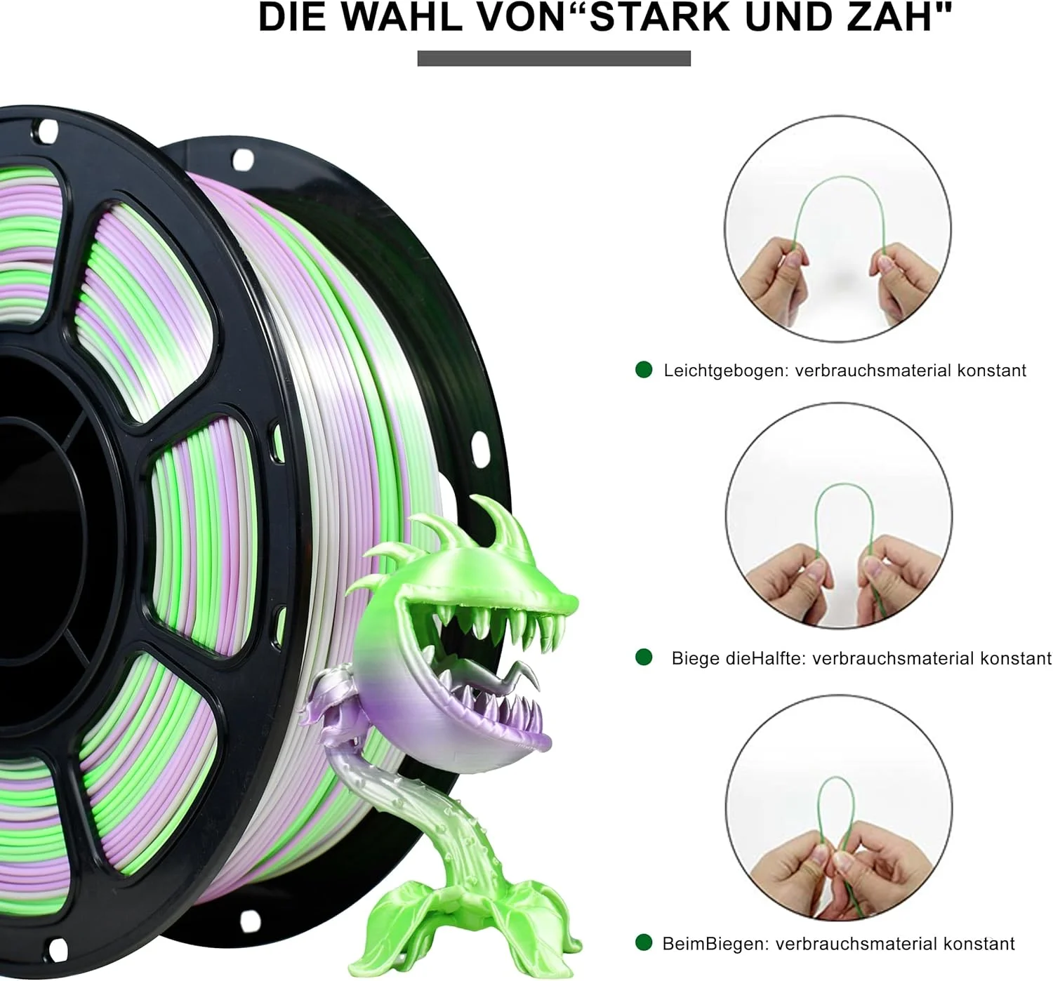فیلامنت PLA+ آی‌باس، گرادیان سبز و بنفش، متریال چاپ سه بعدی ابریشمی براق، دقت ابعادی 1.75 میلی‌متر +/- 0.02 میلی‌متر، 1 کیلوگرم، سازگار با اکثر پرینترهای FDM (سبز و بنفش)