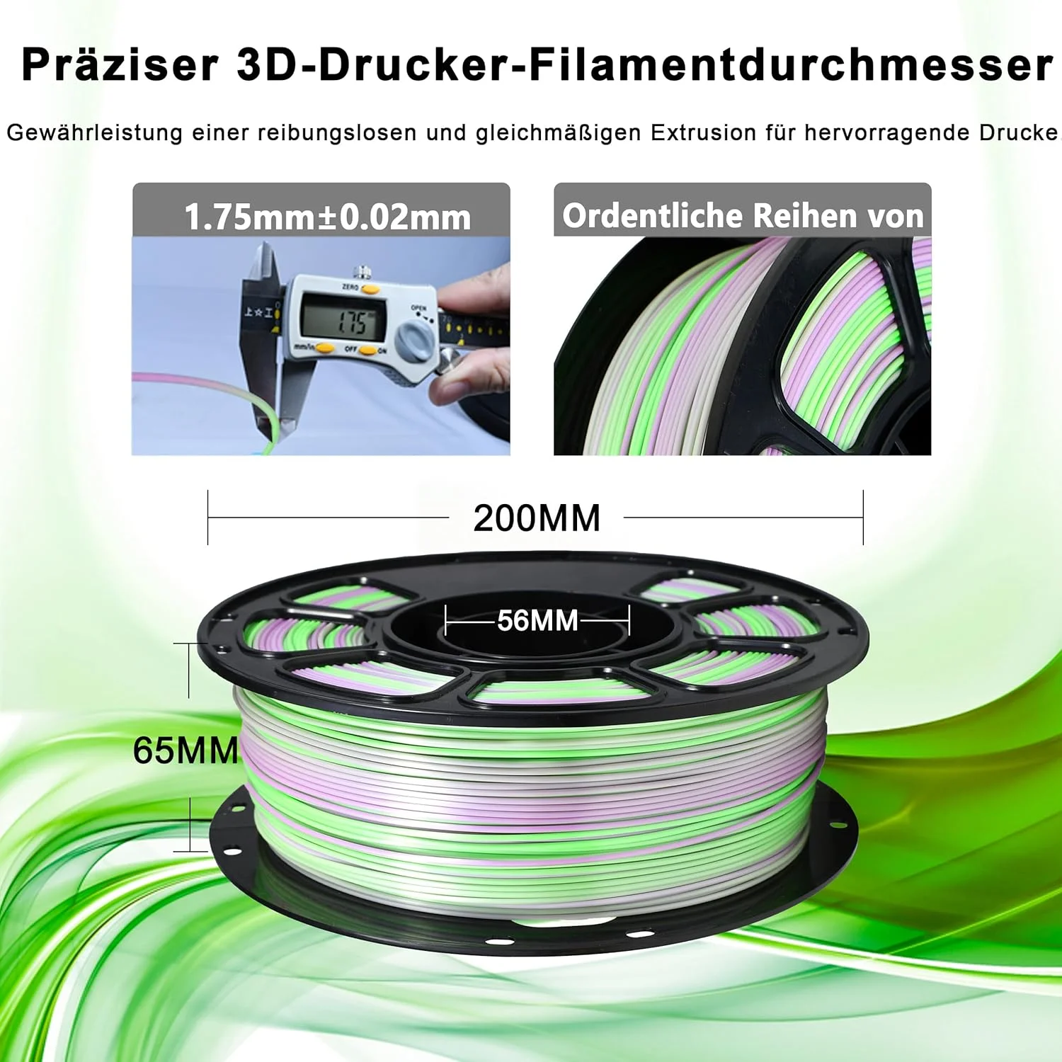 فیلامنت PLA+ آی‌باس، گرادیان سبز و بنفش، متریال چاپ سه بعدی ابریشمی براق، دقت ابعادی 1.75 میلی‌متر +/- 0.02 میلی‌متر، 1 کیلوگرم، سازگار با اکثر پرینترهای FDM (سبز و بنفش)