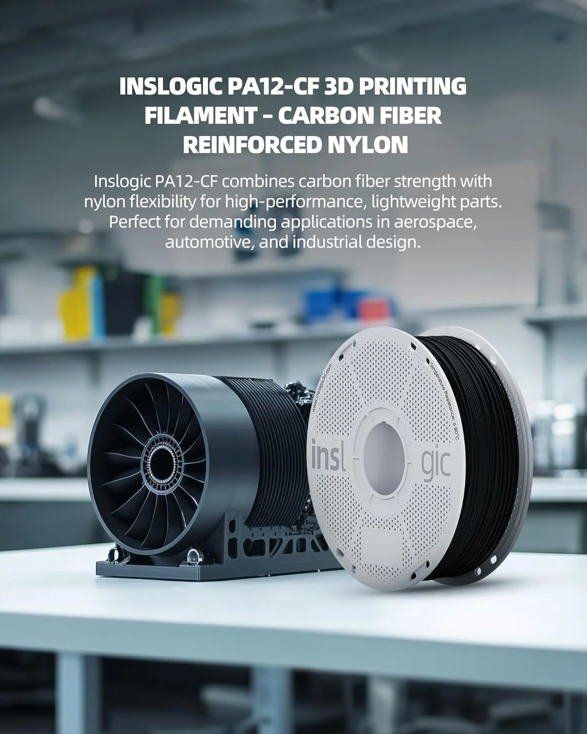 فیلامنت الیاف کربن Inslogic PA12-CF، 1.75 میلی متر، فیلامنت نایلون با استحکام بالا برای چاپ سه بعدی، دمای چاپ 260-280 درجه سانتیگراد، مقاوم در برابر سایش و پیچ خوردگی، ایده آل برای قطعات کاربردی، قرقره 0.25 کیلوگرمی، مشکی