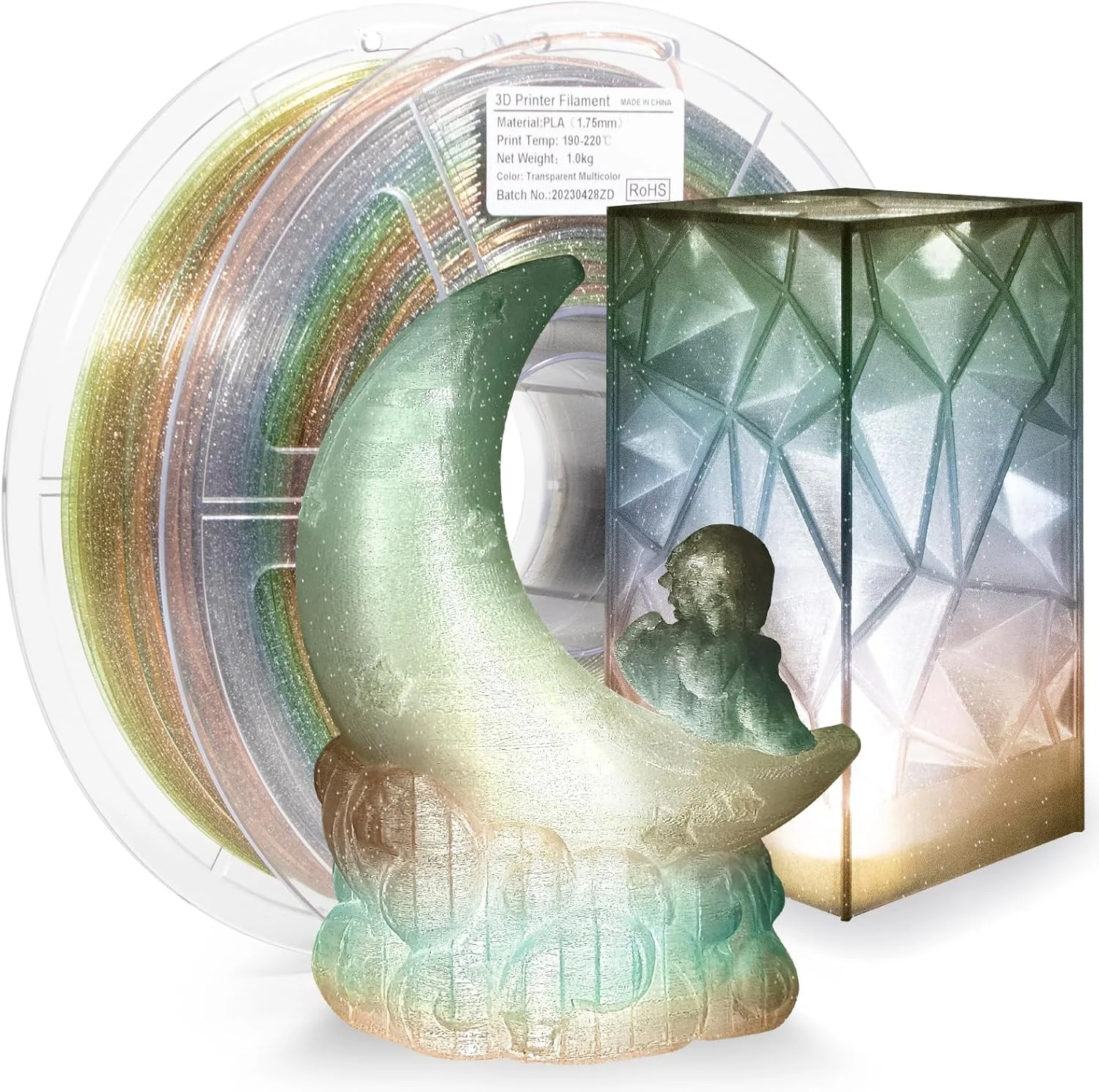 فیلامنت PLA شفاف اکلیلی iSANMATE 1.75mm، فیلامنت اکلیلی گرادیانی شفاف پرینتر سه بعدی 1 کیلوگرمی، مواد پرینت سه بعدی رنگین کمانی اکلیلی 1.75mm، +/- 0.03mm