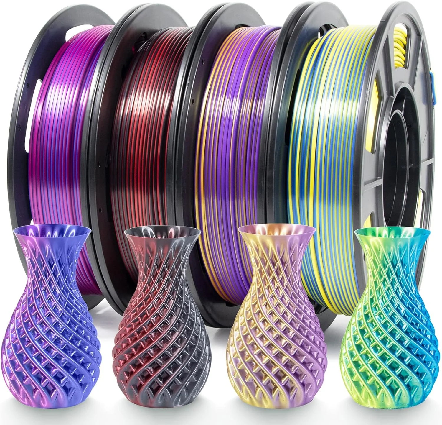 فیلامنت پرینتر سه بعدی PLA دو رنگ iSANMATE، مجموعه فیلامنت PLA ابریشمی دو رنگ، فیلامنت PLA 1.75 میلی متری، -0.02 میلی متر، فیلامنت PLA 250 گرمی x 4 قرقره، قرمز رز آبی/آبی زرد/قرمز مشکی/طلایی بنفش