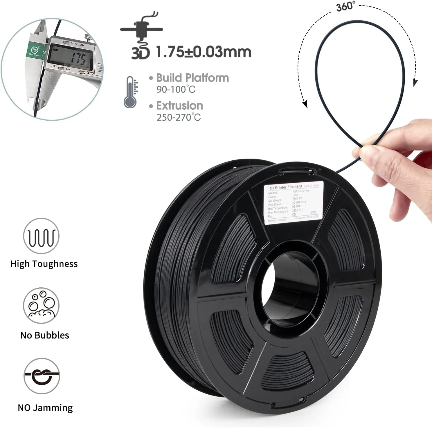 فیلامنت پرینتر سه بعدی ASA-GF آی‌سان‌میت، تقویت شده با 20% الیاف شیشه، مقاومت عالی در برابر آب و هوا و اشعه ماوراء بنفش، استحکام بالا و پایداری حرارتی برای کاربردهای فضای باز و ضربه بالا (1 کیلوگرم، مشکی)