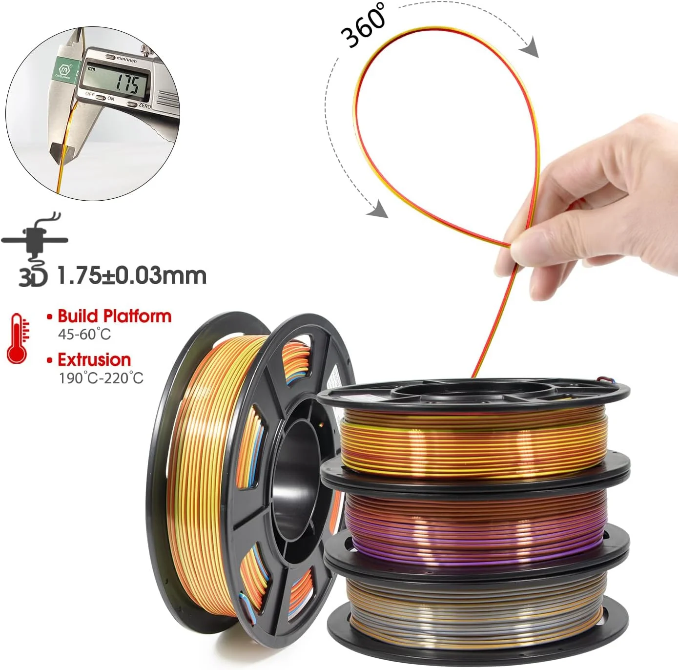 فیلامنت پرینتر سه بعدی iSANMATE، بسته فیلامنت PLA سه رنگ 1.75 میلی متر، فیلامنت رنگین کمانی PLA تغییر رنگ دهنده، PLA ابریشمی اکستروژن مشترک +/- 0.03 میلی متر، 250 گرم در 4 قرقره