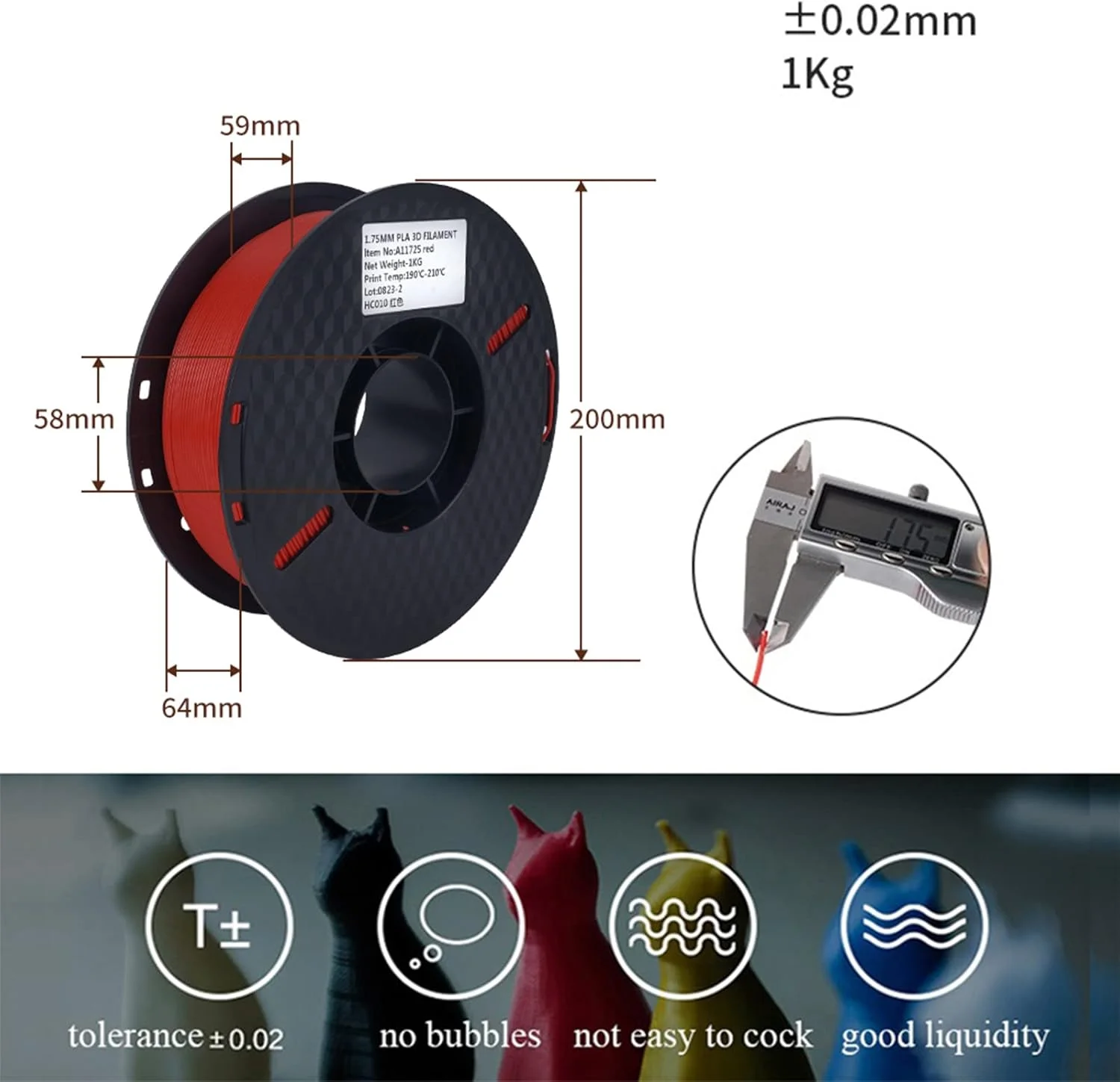 مواد اولیه چاپ سه بعدی Irovami، فیلامنت PLA پرینتر سه بعدی 1 کیلوگرم 1.75 میلی متر، مواد چاپ سه بعدی پلاستیکی تجزیه پذیر سازگار با محیط زیست دقت ابعادی +/- 0.02 میلی متر، 1 رول استاندارد