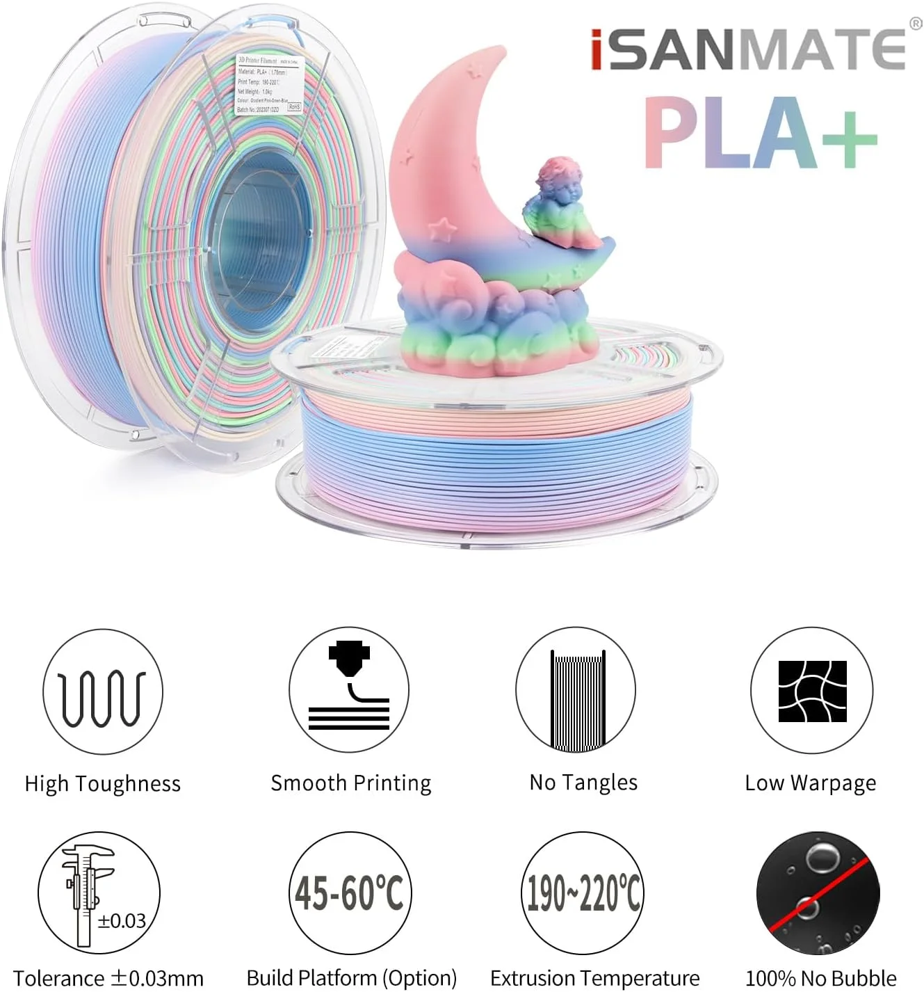 فیلامنت PLA رنگین کمانی iSANMATE 1.75mm، فیلامنت پرینتر سه بعدی PLA مات تغییر رنگ دهنده، فیلامنت چند رنگ صورتی سبز آبی، فیلامنت چاپ سه بعدی با تغییر رنگ سریع، 1 کیلوگرم