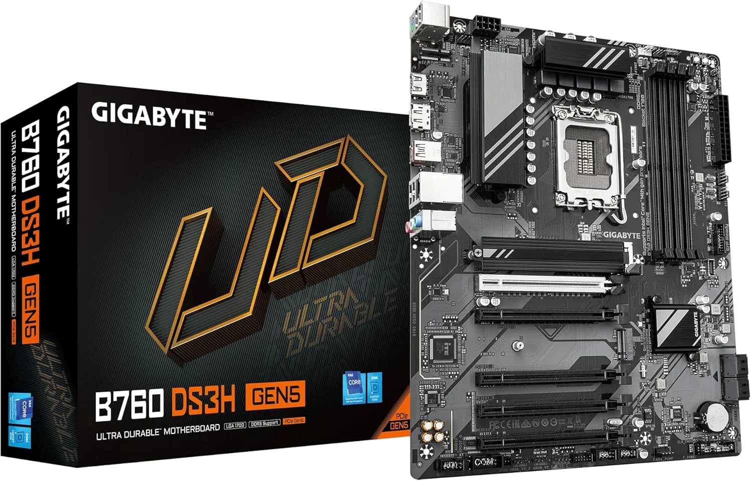 مادربرد GIGABYTE B760 DS3H GEN5 - پشتیبانی از پردازنده های نسل 14 اینتل Core، طراحی دیجیتال VRM با 8+2+1 فاز، پشتیبانی از DDR5 تا 5600 مگاهرتز، 2xPCIe 4.0 M.2، شبکه 1GbE LAN، USB 3.2 Gen 2x2