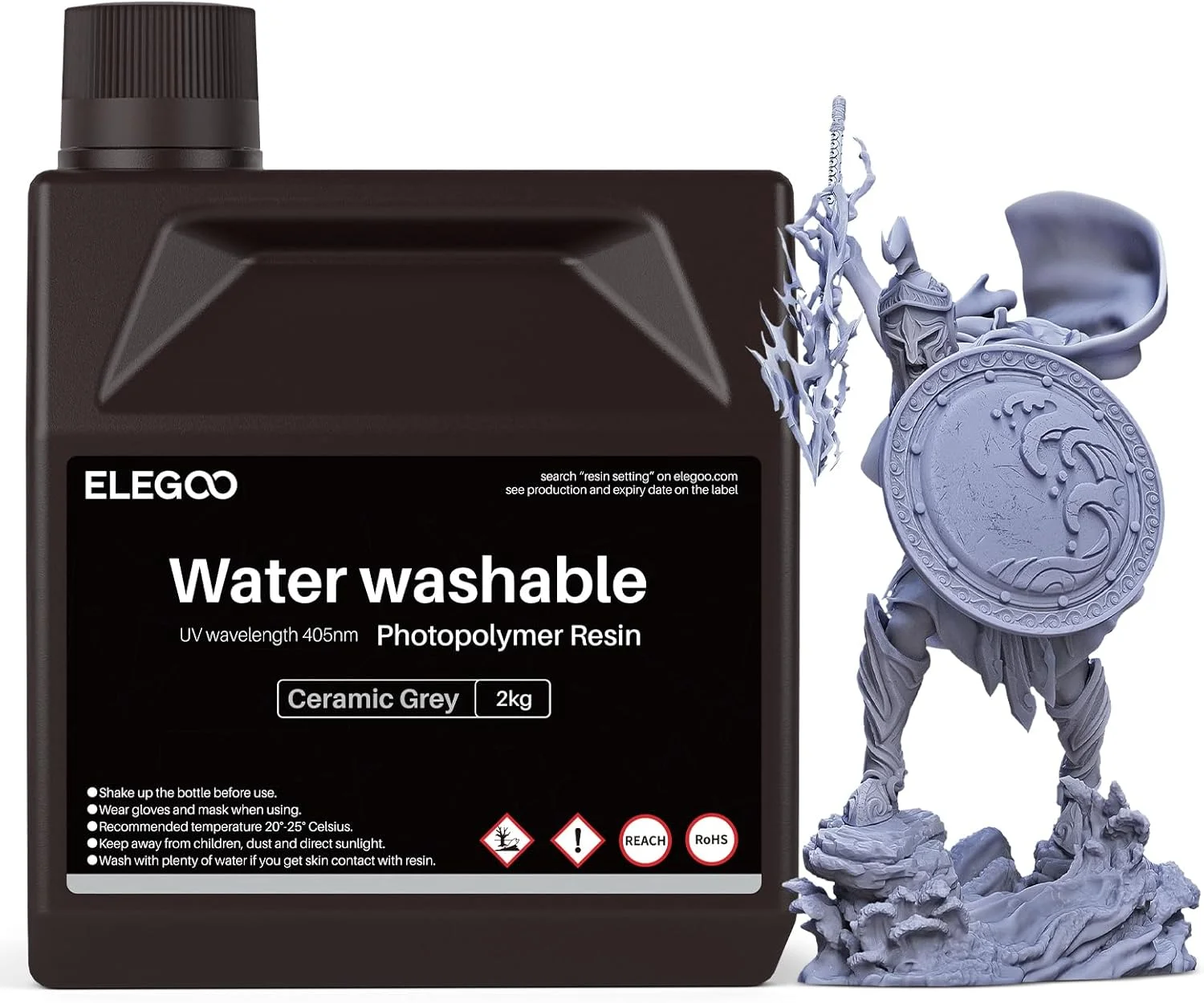 رزین قابل شستشو با آب Deeplee ELEGOO رزین پرینتر سه بعدی 405 نانومتری پخت سریع UV رزین فوتوپلیمری استاندارد تمیز کردن آسان دقت بالا بوی کم برای چاپ سه بعدی LCD خاکستری 2000 گرم