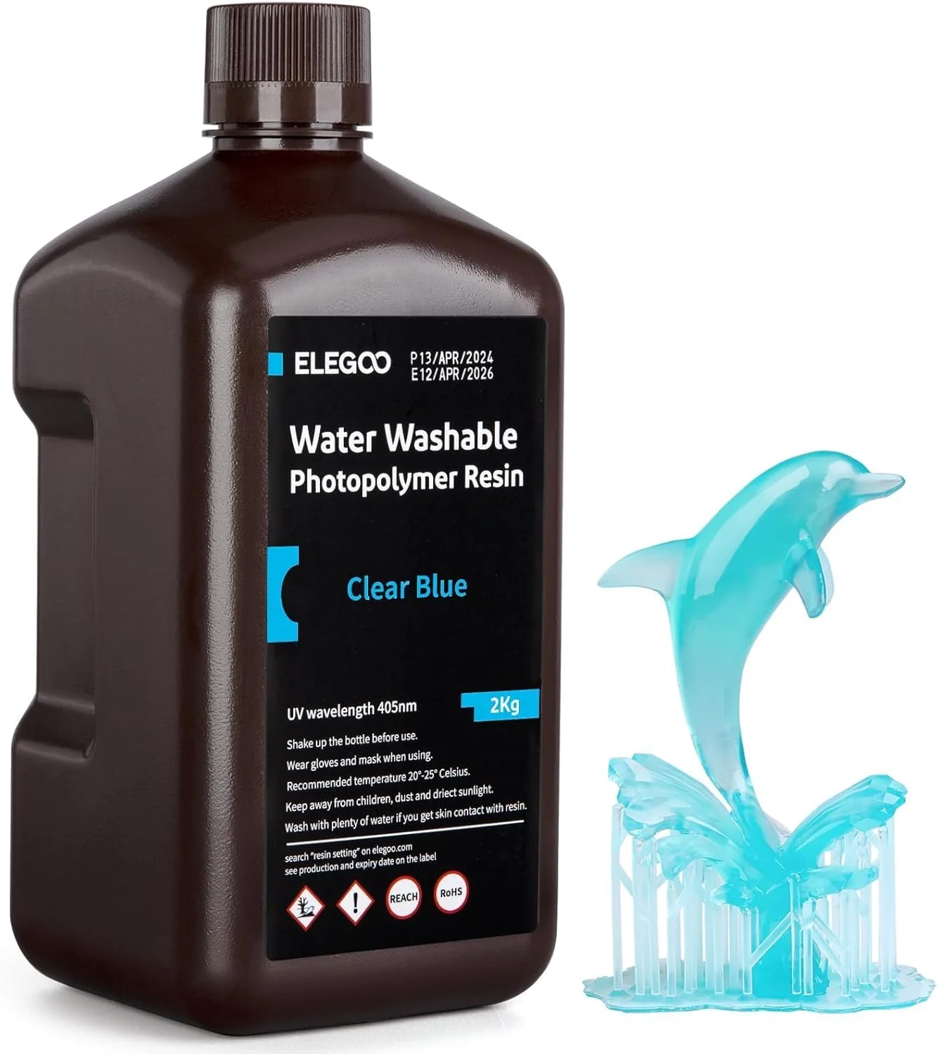 رزین پرینتر سه بعدی قابل شستشو با آب ELEGOO، رزین UV کیورینگ LCD، رزین فوتوپلیمر استاندارد 405 نانومتری برای پرینت سه بعدی LCD/MSLA/DLP، 2000 گرم، آبی شفاف