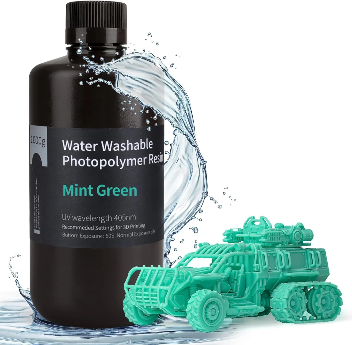 رزین سریع آب‌شوی پرینتر سه بعدی ELEGOO، رزین UV کیورینگ LCD، رزین فوتوپلیمر استاندارد 405 نانومتری برای پرینت سه بعدی LCD، 1000 گرم، سبز نعنایی