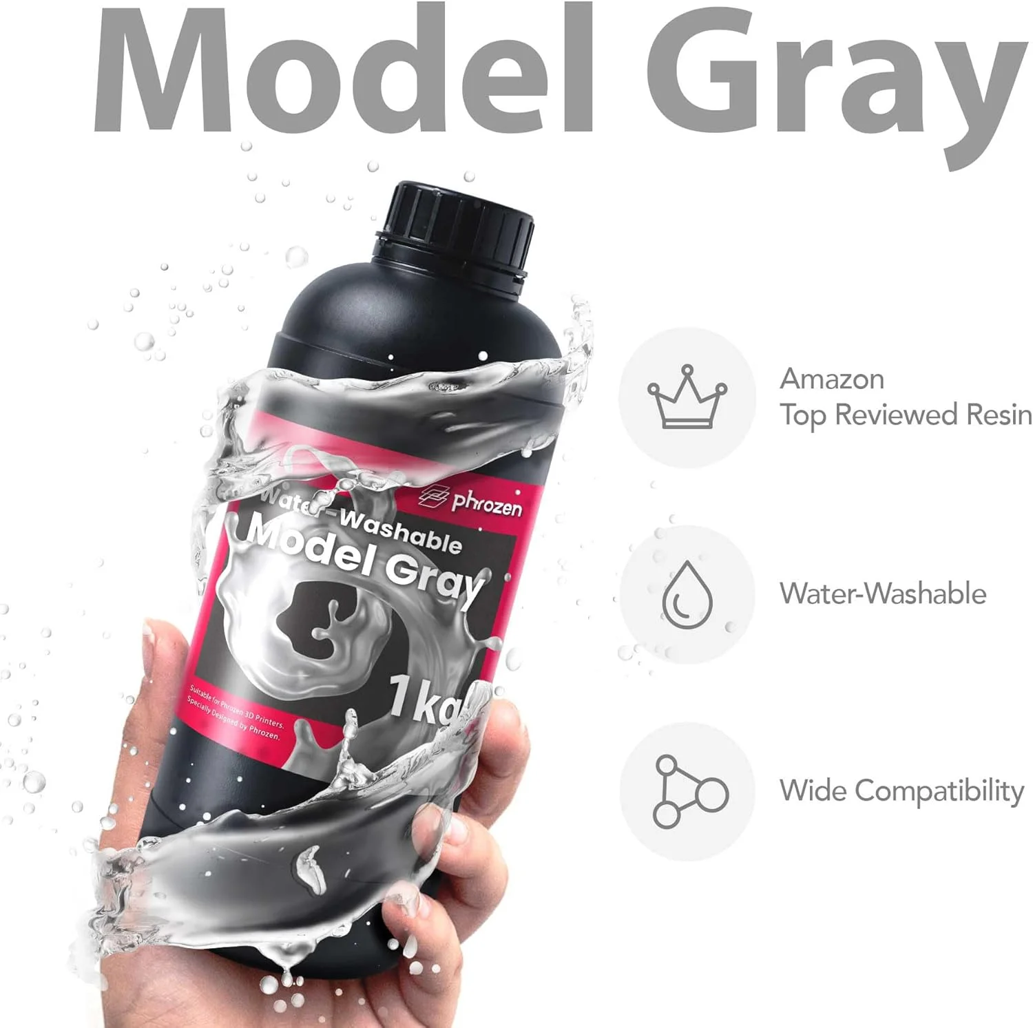 رزین پرینتر سه بعدی قابل شستشو با آب Phrozen [خاکستری مدل]، رزین فوتوپلیمری سخت شونده با UV LCD 405 نانومتری برای چاپ با دقت بالا، بوی کم، غیر شکننده، تمیز کردن و پخت آسان (1 کیلوگرم)