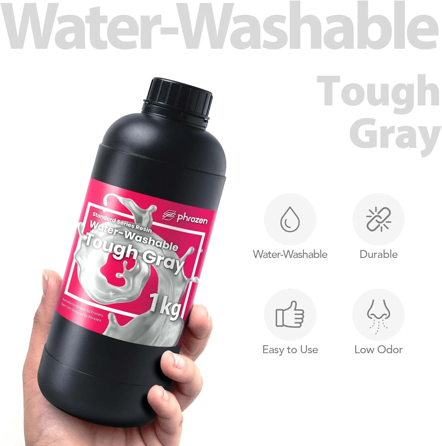 رزین سریع آب‌شوی پروزن برای پرینتر سه بعدی [خاکستری مقاوم]، رزین فوتوپلیمری سخت شونده با اشعه ماوراء بنفش LCD با طول موج 405 نانومتر، مقاومت بالا در برابر ضربه، انعطاف پذیری زیاد، بوی کم، غیر شکننده، تمیز کردن و پخت آسان (1 کیلوگرم)