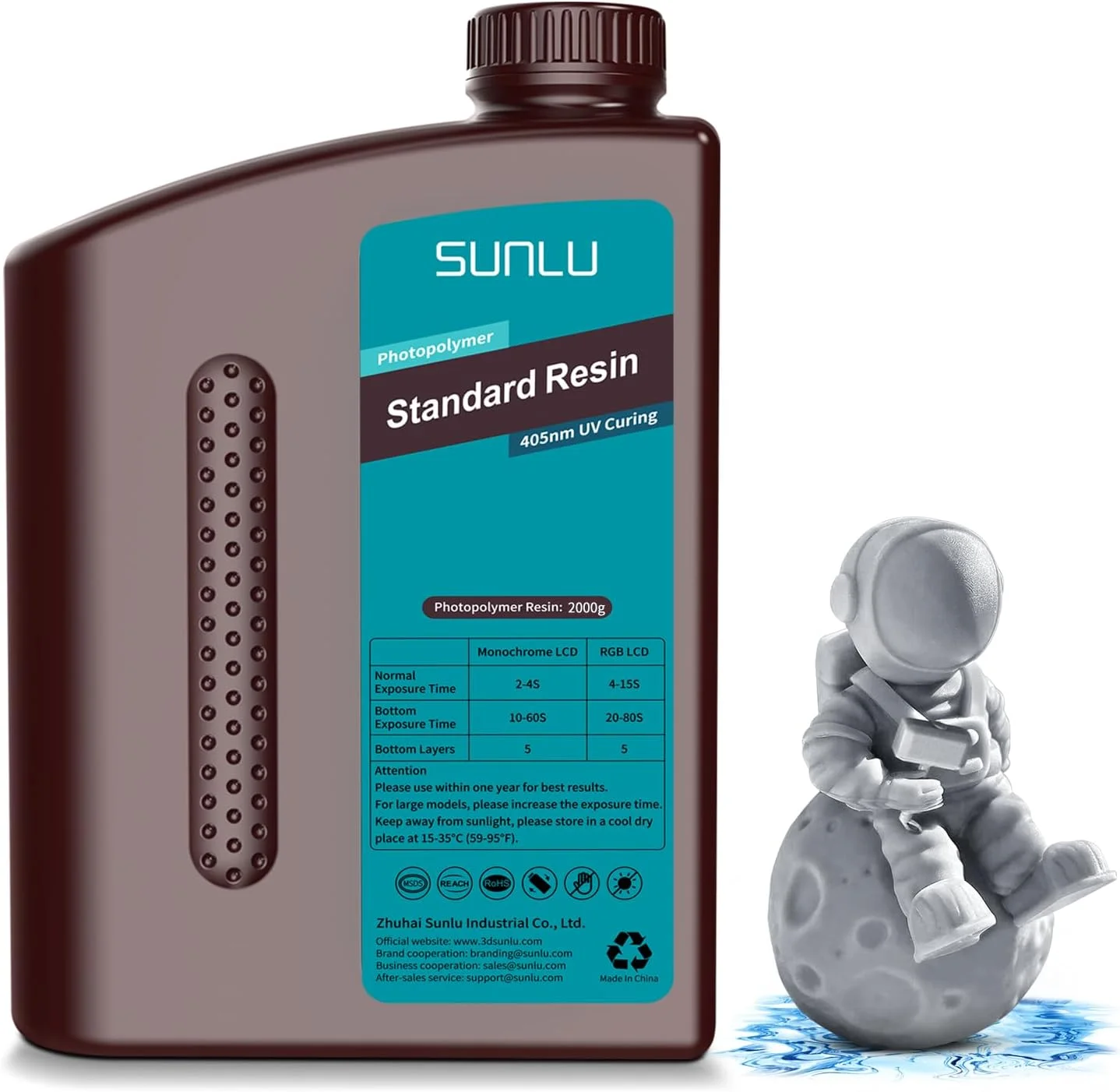 رزین پرینتر سه بعدی SUNLU، 2 کیلوگرم، رزین استاندارد پخت سریع برای پرینترهای سه بعدی رزینی LCD DLP SLA، رزین فوتوپلیمر مایع چاپ سه بعدی پخت UV 395 تا 405 نانومتر، انقباض کم، دقت بالا، 2000 گرم، خاکستری