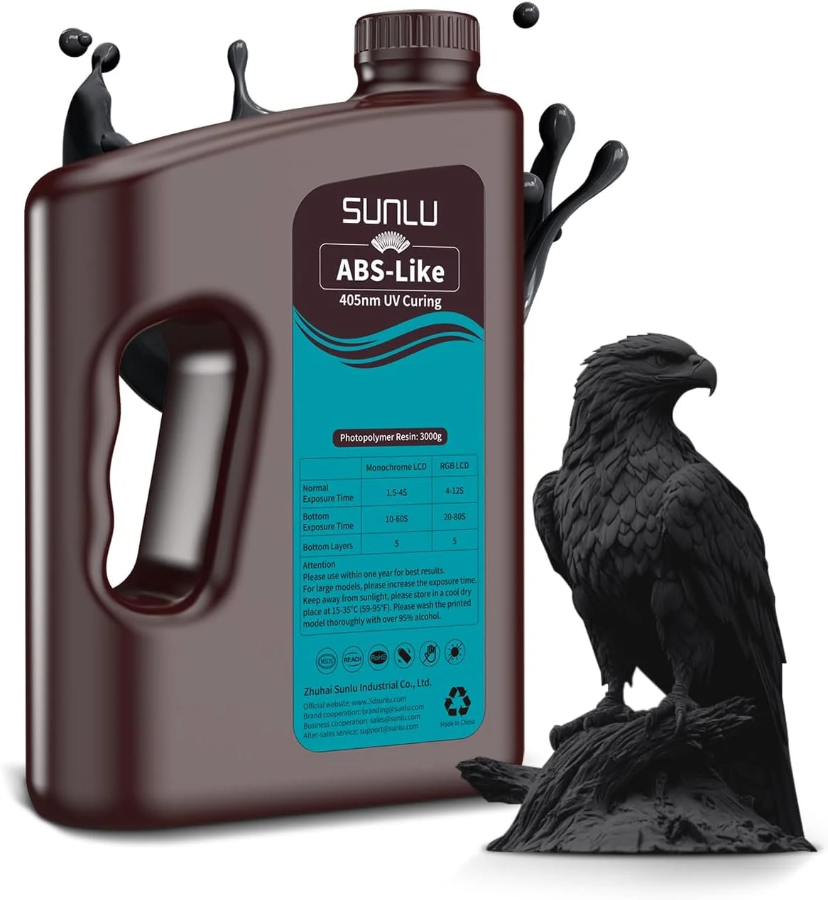 رزین 3000G SUNLU شبیه ABS برای پرینتر سه بعدی، رزین فوتوپلیمری سریع پخت UV 405 نانومتری برای پرینترهای سه بعدی LCD/DLP/SLA 2K 4K 6K 8K، غیر شکننده و دقت بالا و انقباض کم، 3 کیلوگرم، مشکی