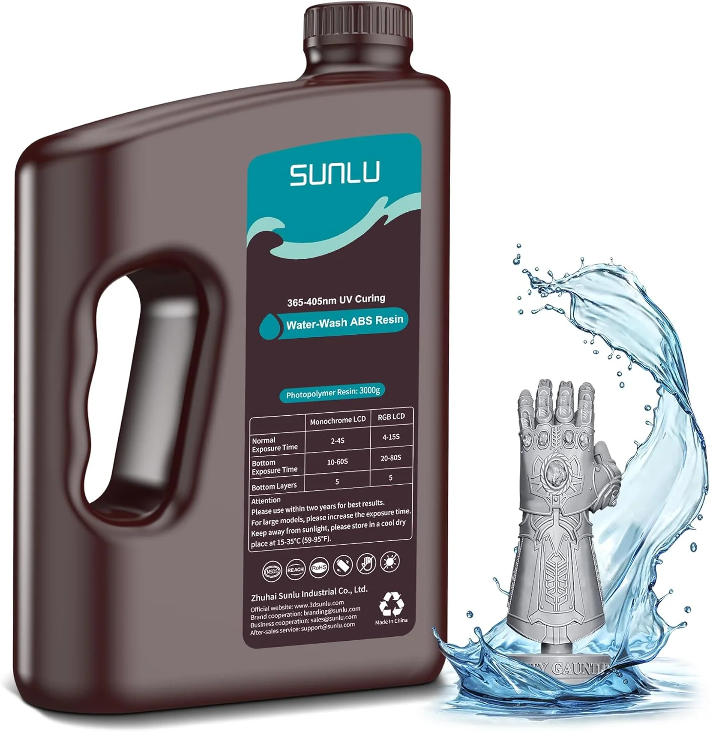 رزین ABS قابل شستشو با آب SUNLU 3000 گرمی، ترکیبی از ویژگی های رزین ABS لایک و رزین قابل شستشو با آب، غیر شکننده، دقت بالا، انقباض کم، رزین سه بعدی با پخت سریع