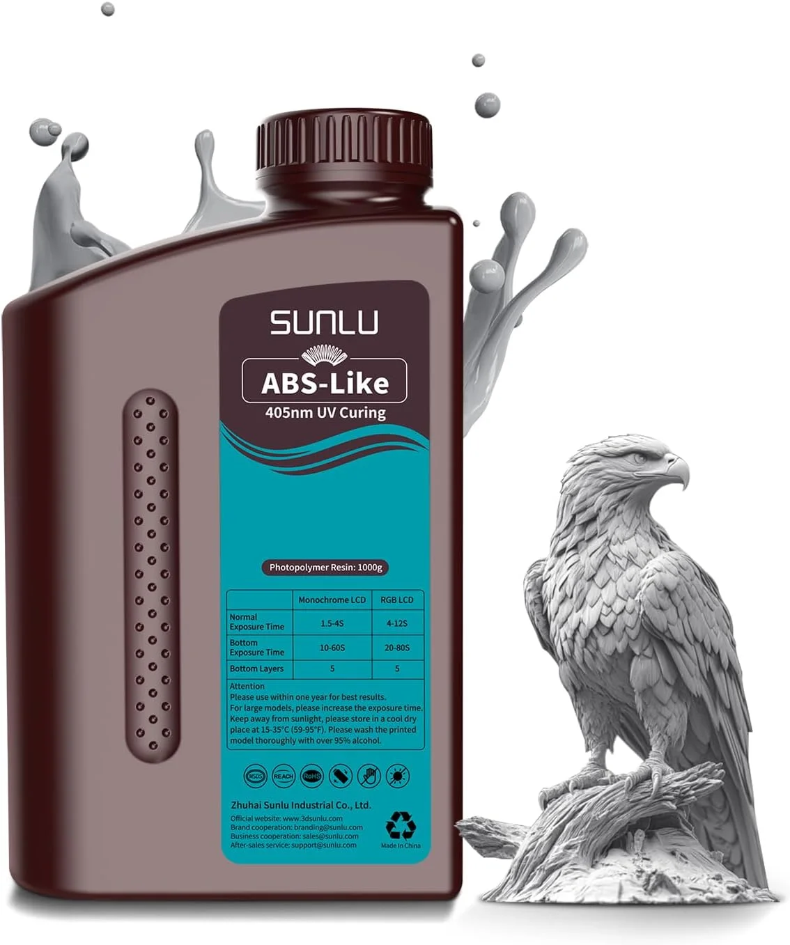 رزین SUNLU شبیه ABS مناسب پرینتر سه بعدی، رزین فوتوپلیمر سریع پخت UV با طول موج 405 نانومتر برای پرینترهای سه بعدی LCD/DLP/SLA 2K 4K 6K 8K، غیر شکننده و با دقت بالا و انقباض کم، 1 کیلوگرم، خاکستری