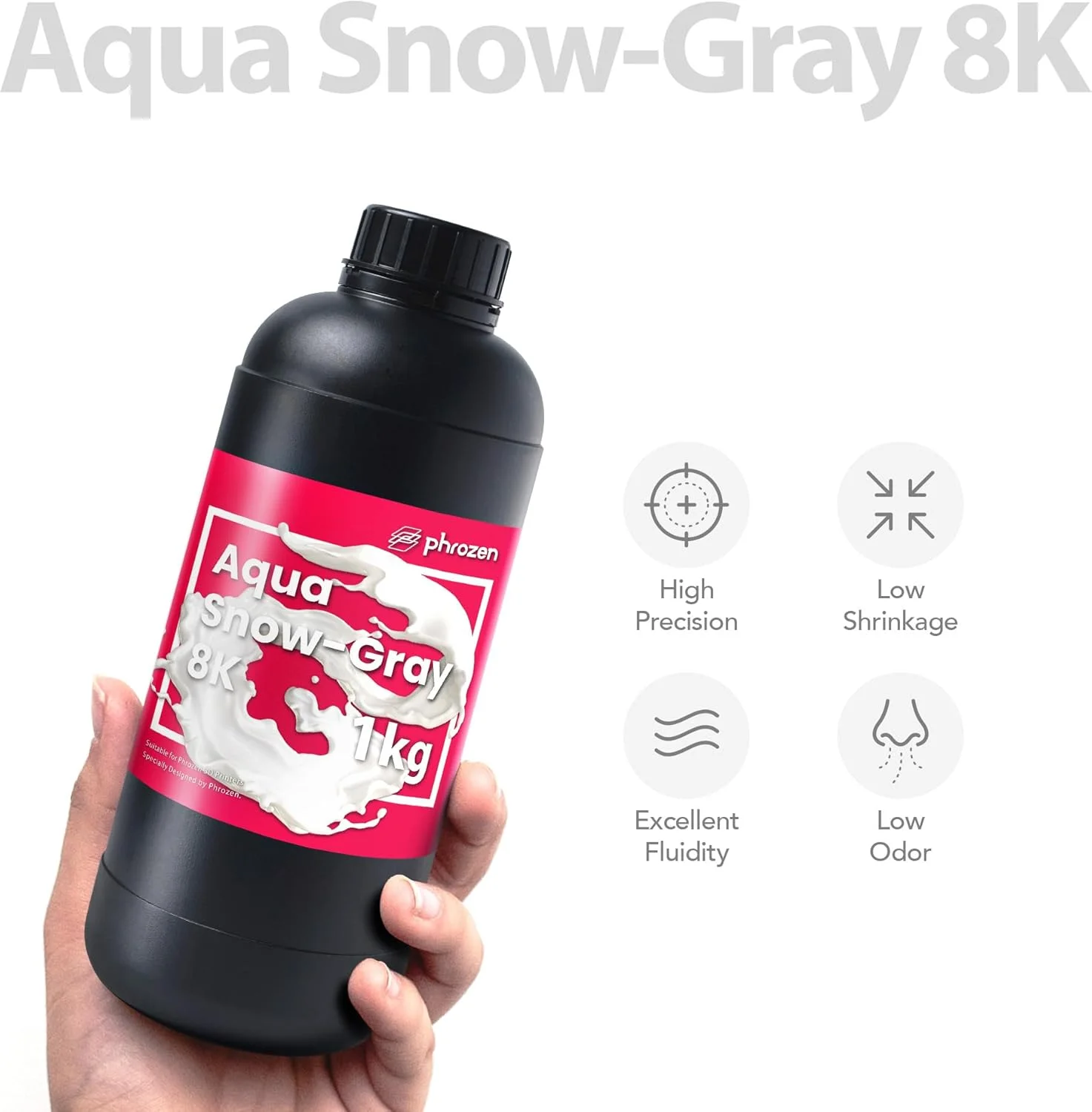 رزین سریع پرینتر سه بعدی Phrozen مدل [Aqua Snow-Gray 8K]، رزین استاندارد فوتوپلیمری UV با طول موج 405 نانومتر LCD برای مدل های بسیار دقیق، بدون بو و غیر شکننده، بهترین عملکرد با پرینتر سه بعدی LCD 8K (1 کیلوگرم)