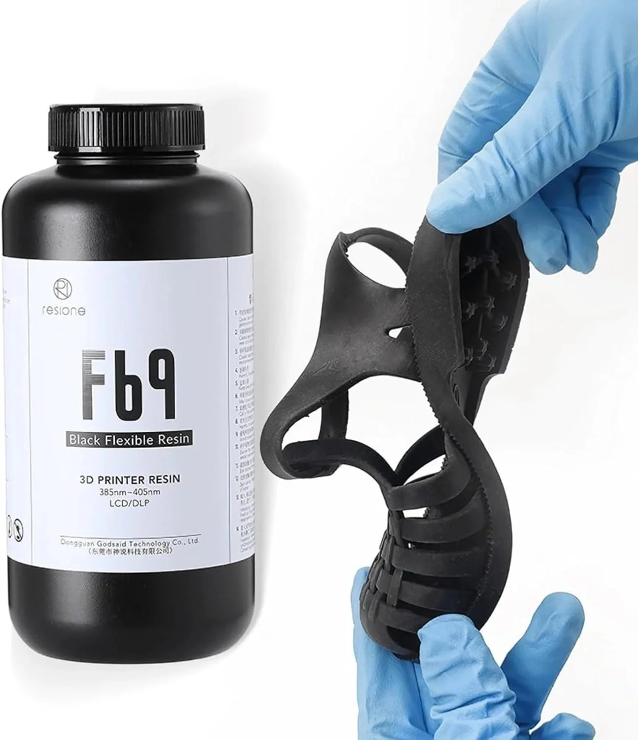 رزین انعطاف پذیر مشکی RI RESIONE F69، 1 کیلوگرم، مشابه TPU، سازگار با DLP/LCD/MSLA، پخت UV با طول موج 405 نانومتر، ازدیاد طول بالا، مقاوم در برابر پارگی، بافت مشابه لاستیک نرم
