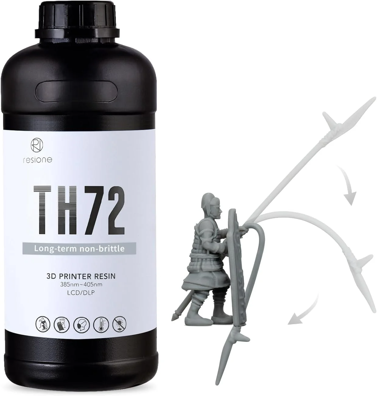 رزین سه بعدی انعطاف پذیر و مقاوم RESIONE - رزین فتوپلیمر مقاوم در برابر آب و هوا TH72 برای چاپ سه بعدی - رزین پرینتر سه بعدی UV 405 نانومتر برای فیگورها به ویژه مو/شنل/شمشیر - خاکستری مات خم شو، غیر شکننده 1 کیلوگرم