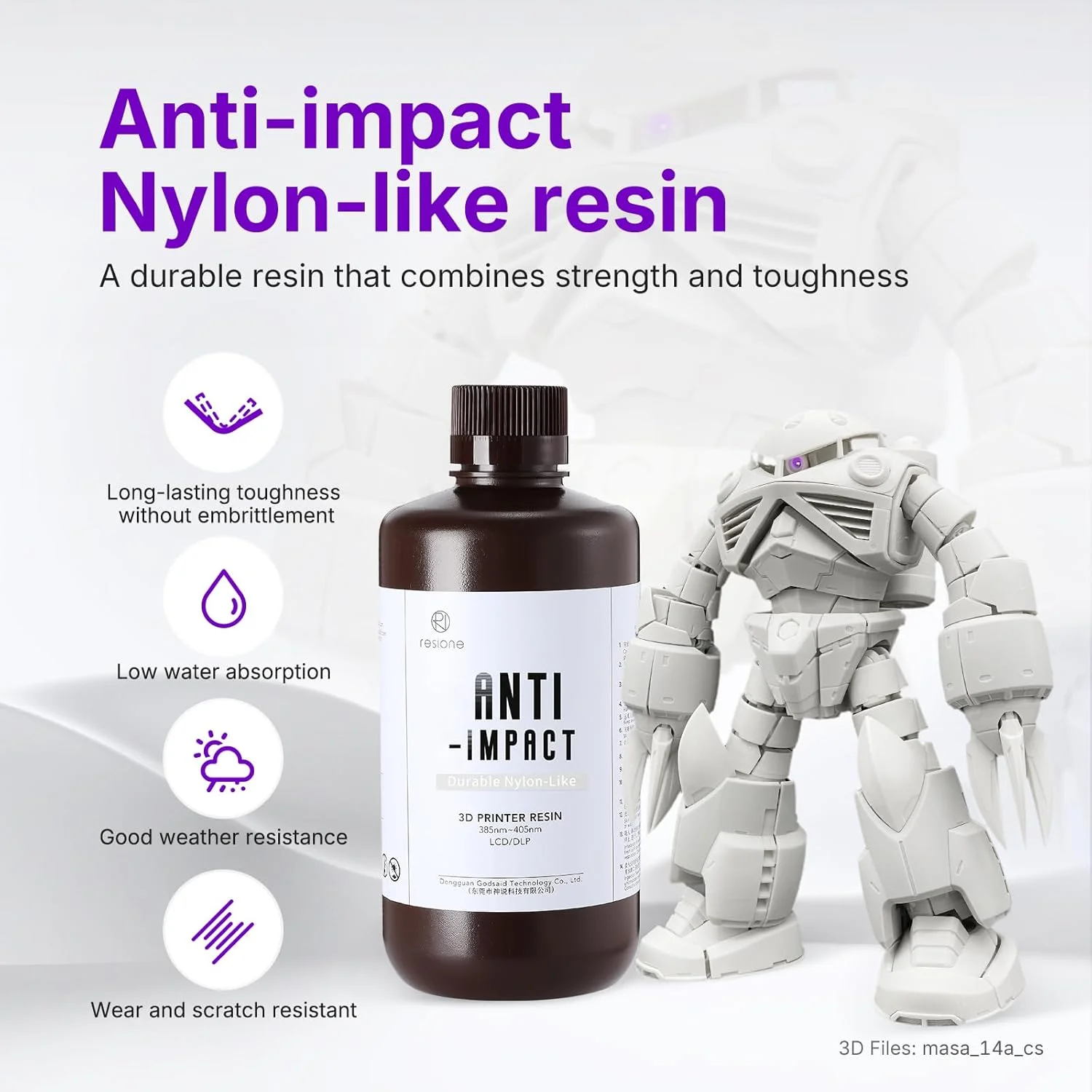 رزین مقاوم در برابر ضربه و با چقرمگی بالا RESIONE با جذب آب کم، رزین غیر شکننده طولانی مدت شبیه نایلون که برای چاپ قطعات متحرک یا فشاری مناسب است (خاکستری سفید 1 کیلوگرم)