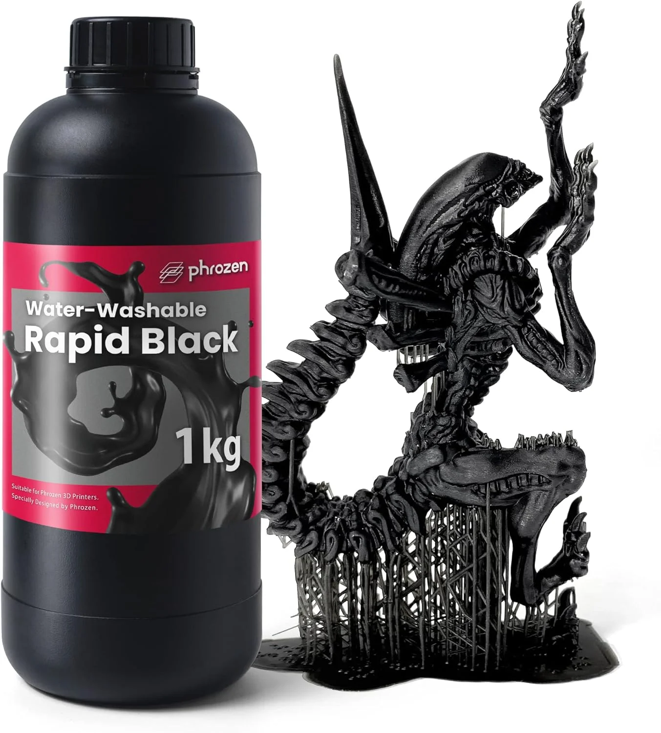 رزین مشکی سریع شستشوی آبی پرینتر سه بعدی PHROZEN، رزین فوتوپلیمری UV کیورینگ LCD 405 نانومتری برای پرینت با دقت بالا، بوی کم، غیر شکننده، غیر سمی، تمیز کردن و کیور آسان (1 کیلوگرم)