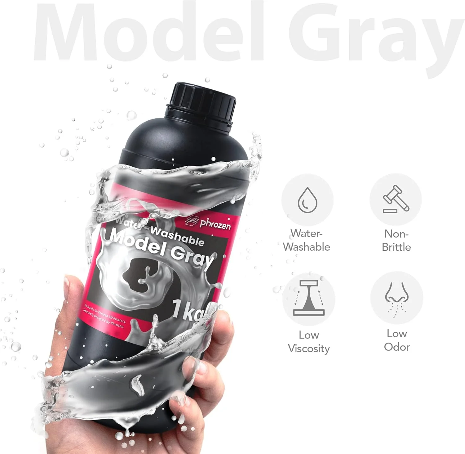 رزین سریع آب‌شوی پرینتر سه بعدی PHROZEN، مدل خاکستری 405 نانومتر LCD UV-Curing Photopolymer Resin برای پرینت با دقت بالا، بوی کم، غیر شکننده، چاپ آسان، تمیز کردن و کیور آسان (1 کیلوگرم)