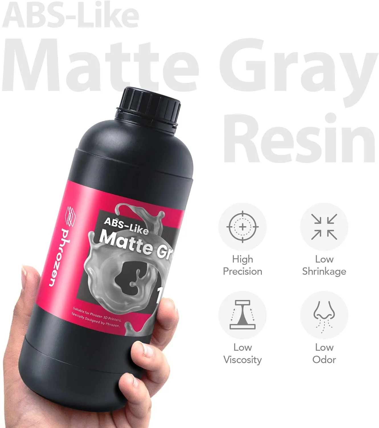 رزین سریع آب‌شوی پرینتر سه بعدی PHROZEN، مدل خاکستری رزین فوتوپلیمر UV کیورینگ LCD با طول موج 405 نانومتر برای پرینت با دقت بالا، بوی کم، غیر شکننده، چاپ آسان، تمیز کردن و کیور آسان (1 کیلوگرم)