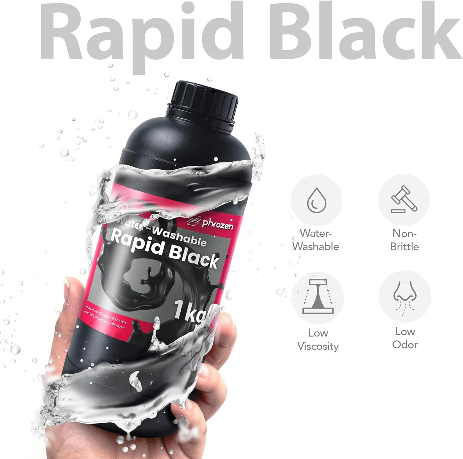 رزین مشکی سریع شستشوی آبی پرینتر سه بعدی PHROZEN، رزین فوتوپلیمری UV کیورینگ LCD 405 نانومتری برای پرینت با دقت بالا، بوی کم، غیر شکننده، غیر سمی، تمیز کردن و کیور آسان (1 کیلوگرم)