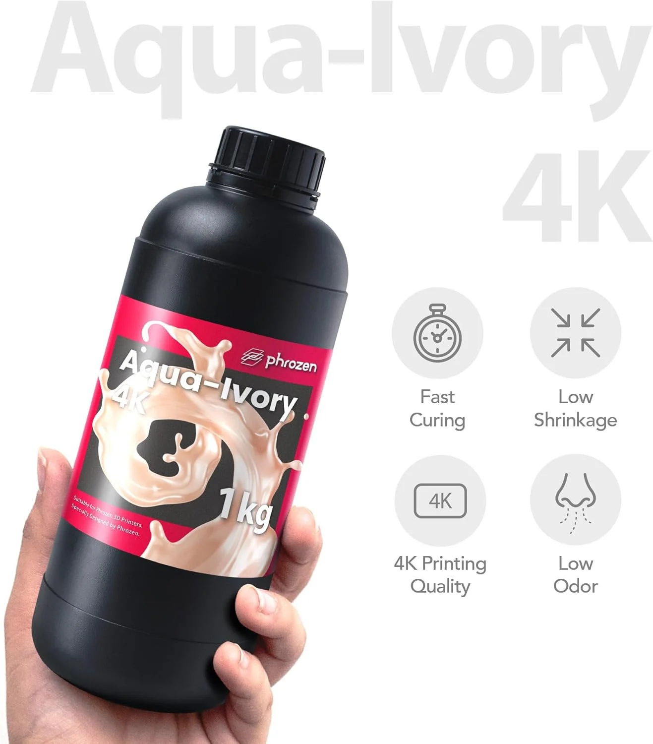 پرینتر سه بعدی رزینی سریع Phrozen - [Aqua-Ivory 4K]، رزین فتوپلیمری استاندارد پخت ال سی دی UV 405 نانومتری برای چاپ سریع با دقت بالا، بوی کم، غیر شکننده (1 کیلوگرم)