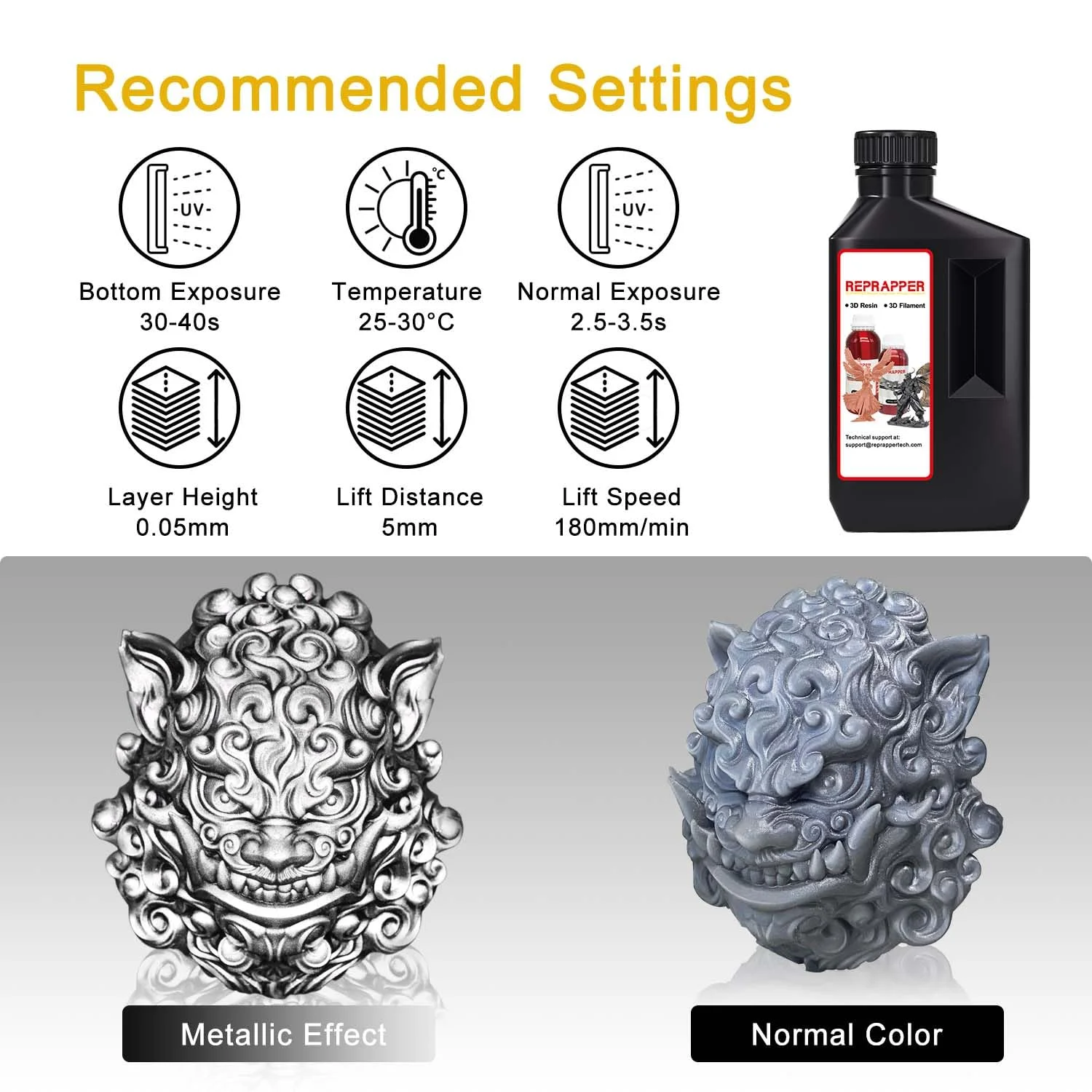 رزین پرینتر سه بعدی متال‌شیفت RepRapper، رزین فوتوپلیمری استاندارد با قابلیت پخت سریع UV با طول موج 405 نانومتر و درخشش متالیک برای پرینتر LCD، رنگ آرژنت اورا، 1000 گرم