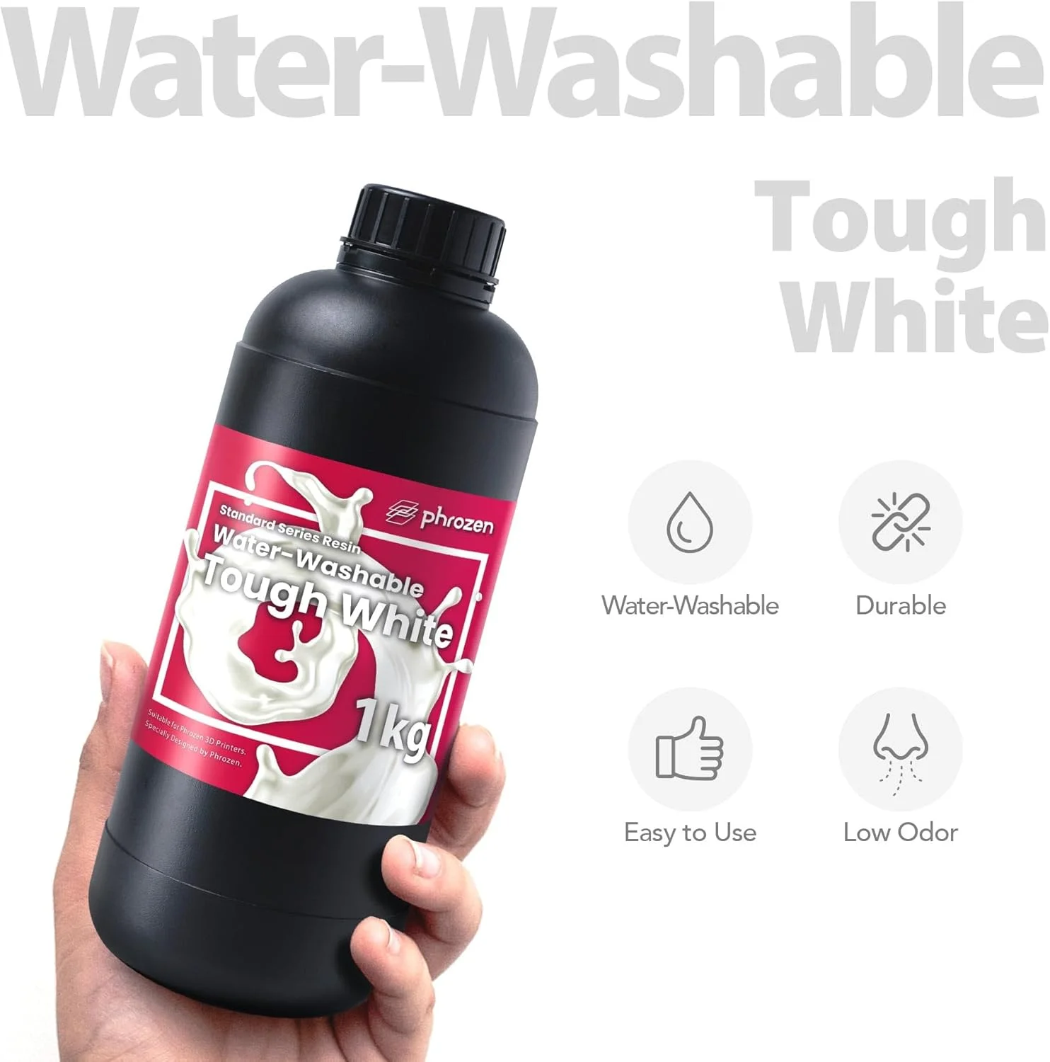 رزین پرینتر سه بعدی قابل شستشو با آب Phrozen - [سفید مقاوم] رزین فوتوپلیمری سخت شونده با UV LCD 405 نانومتری، مقاومت ضربه ای قوی، انعطاف پذیری بالا، بوی کم، غیر شکننده
