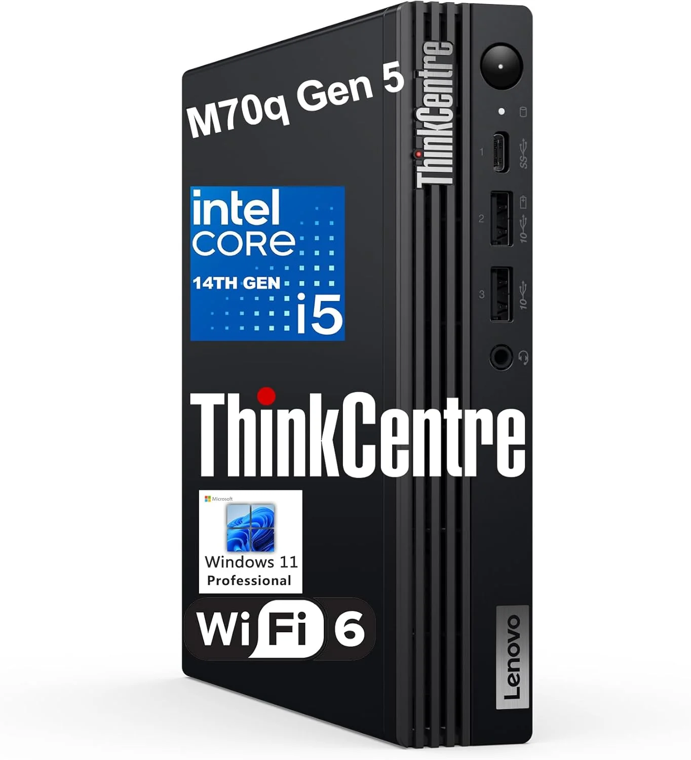 کامپیوتر رومیزی کوچک تجاری Lenovo ThinkCentre M70q Gen 5 Tiny 1L، پردازنده نسل چهاردهم Intel 10 هسته ای i5-14400T (بهتر از i7-13700T)، رم 32 گیگابایتی DDR5، حافظه SSD 1 ترابایتی PCIe، وای فای 6، پورت HDMI، پورت DP، ویندوز 11 پرو، AZ-XUT