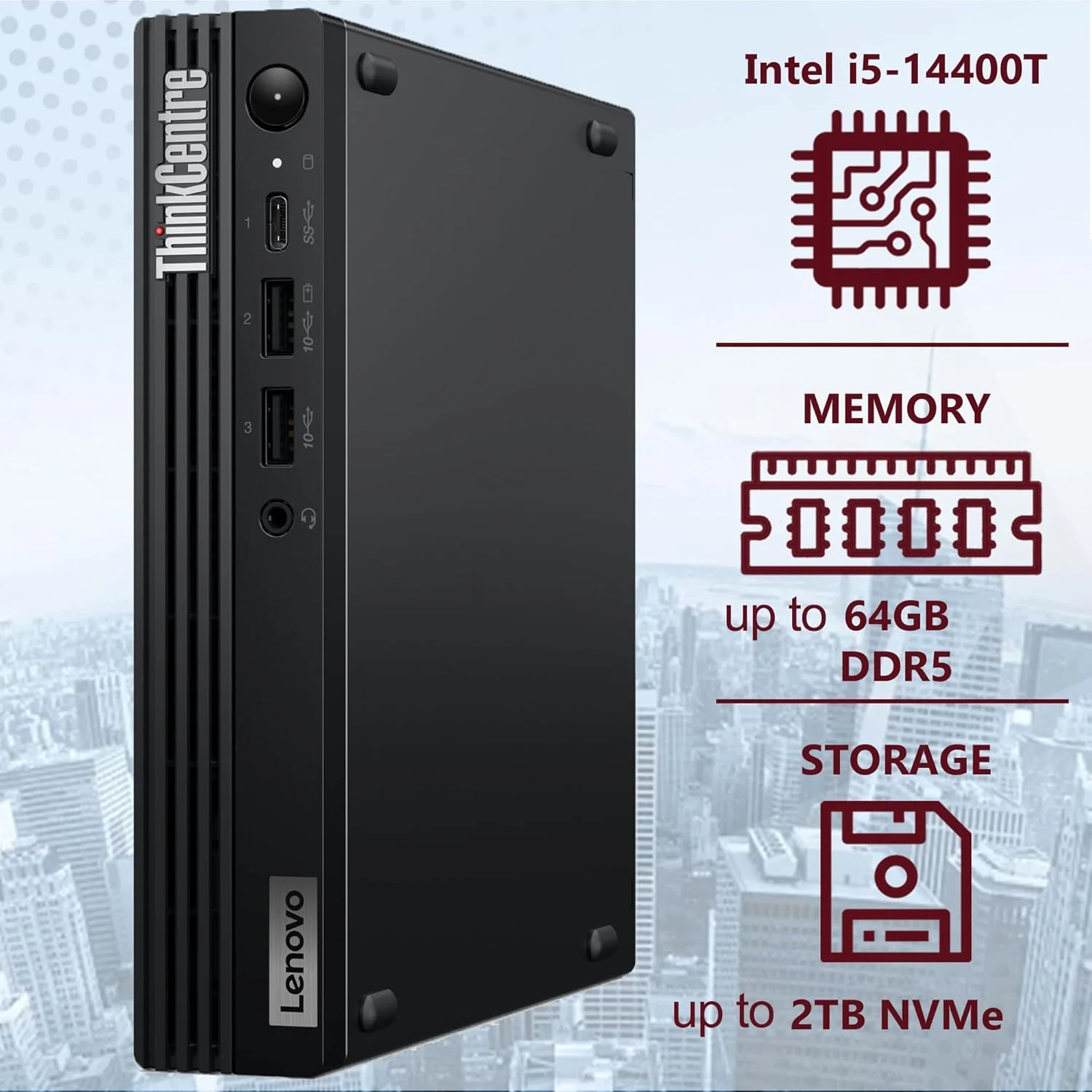 کامپیوتر رومیزی کوچک تجاری Lenovo ThinkCentre M70q Gen 5 Tiny 1L، پردازنده نسل چهاردهم Intel 10 هسته ای i5-14400T (بهتر از i7-13700T)، رم 32 گیگابایتی DDR5، حافظه SSD 1 ترابایتی PCIe، وای فای 6، پورت HDMI، پورت DP، ویندوز 11 پرو، AZ-XUT