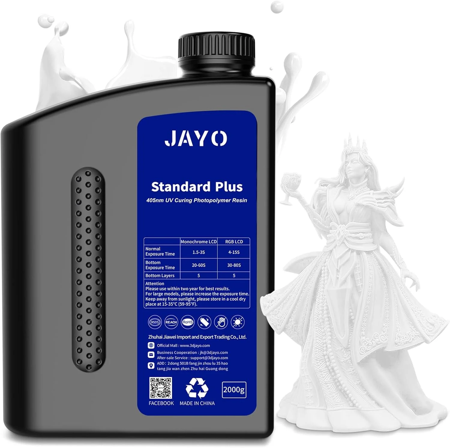 رزین پرینتر سه بعدی JAYO، رزین استاندارد پلاس 405 نانومتری UV فوتوپلیمر برای پرینتر سه بعدی رزینی 4K/8K LCD DLP SLA، رزین پرینت سه بعدی با پخت سریع برای دقت و چقرمگی بالاتر، سفید 2000 گرم