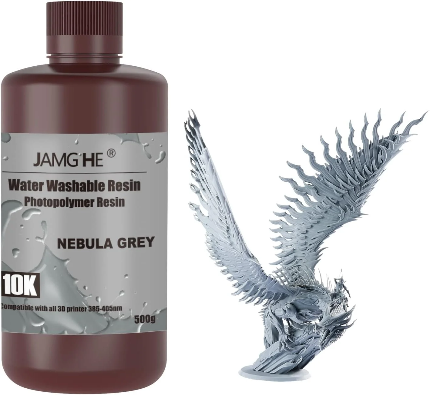 رزین پرینتر سه بعدی JamgHe 10K قابل شستشو با آب برای پرینترهای LCD DLP SLA 405 نانومتری، فوتوپلیمر UV-Curing سریع، دقت بالا، بوی کم، رزین استاندارد (خاکستری سحابی، 1000 گرم)