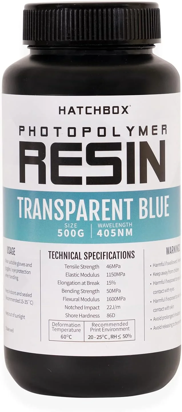 رزین پرینتر سه بعدی HATCHBOX، رزین فوتوپلیمری غیر شکننده با دقت بالا با طول موج 405 نانومتر برای پرینت LCD DLP، بطری 500 میلی لیتری آبی شفاف