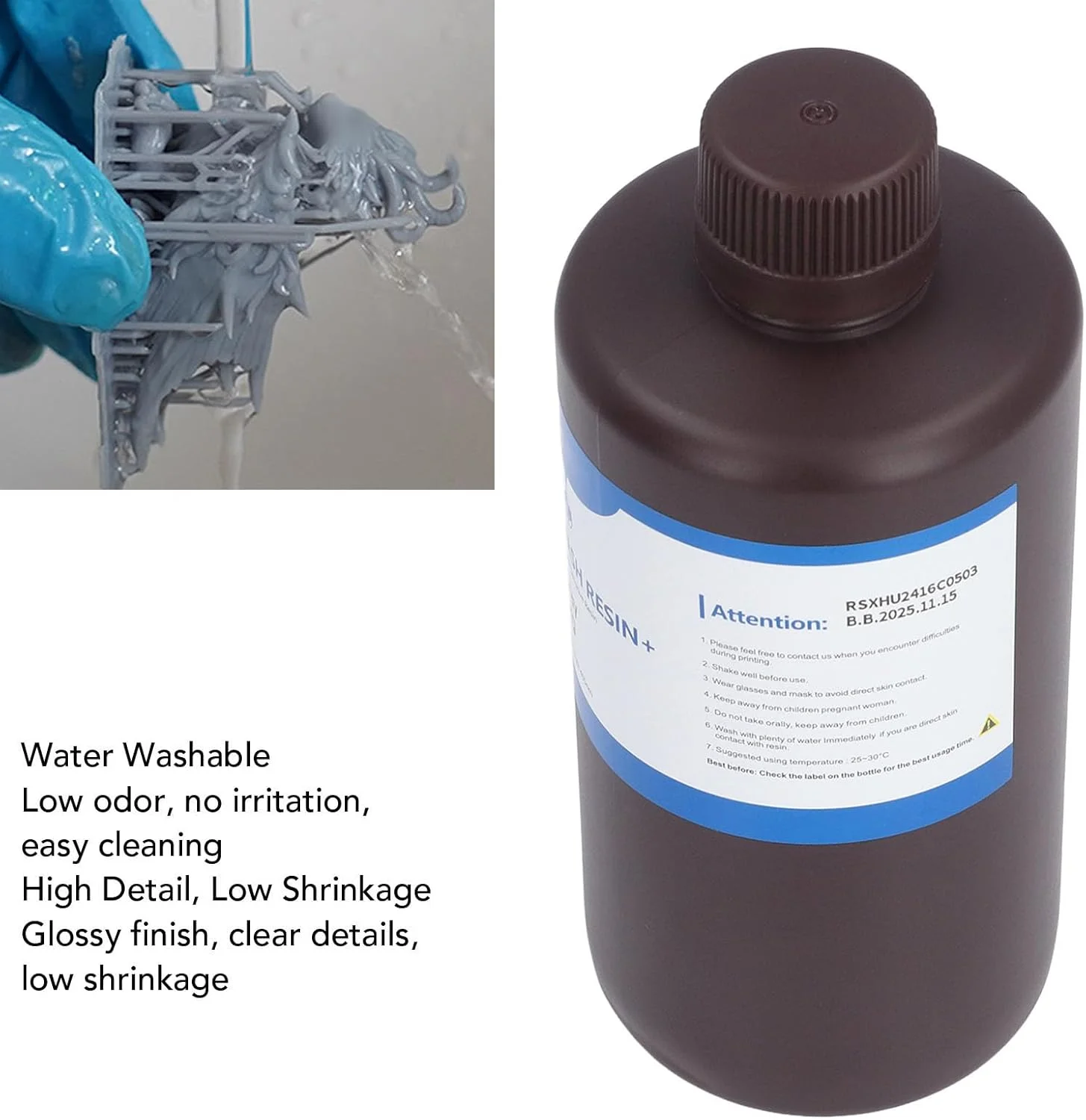 یک بطری رزین چاپ سه بعدی با سختی 80، 1000 گرم، خاکستری، سوزاندن و تمیز کردن آسان، رزین فوتوپلیمر برای چاپگرهای سه بعدی LCD DLP