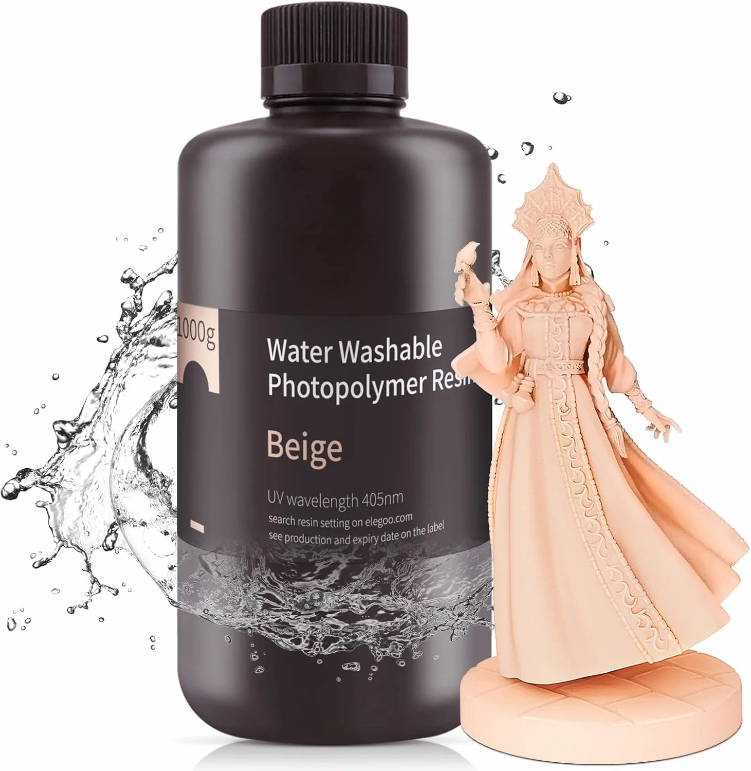 رزین سه بعدی قابل شستشو با آب ELEGOO، رزین 1 کیلوگرمی پرینتر سه بعدی 405 نانومتری UV با پخت سریع، رزین سه بعدی 1000 گرمی برای پرینتر سه بعدی LCD/DLP/MSLA، رزین فوتوپلیمری با دقت بالا و بوی کم، 1000 گرمی بژ
