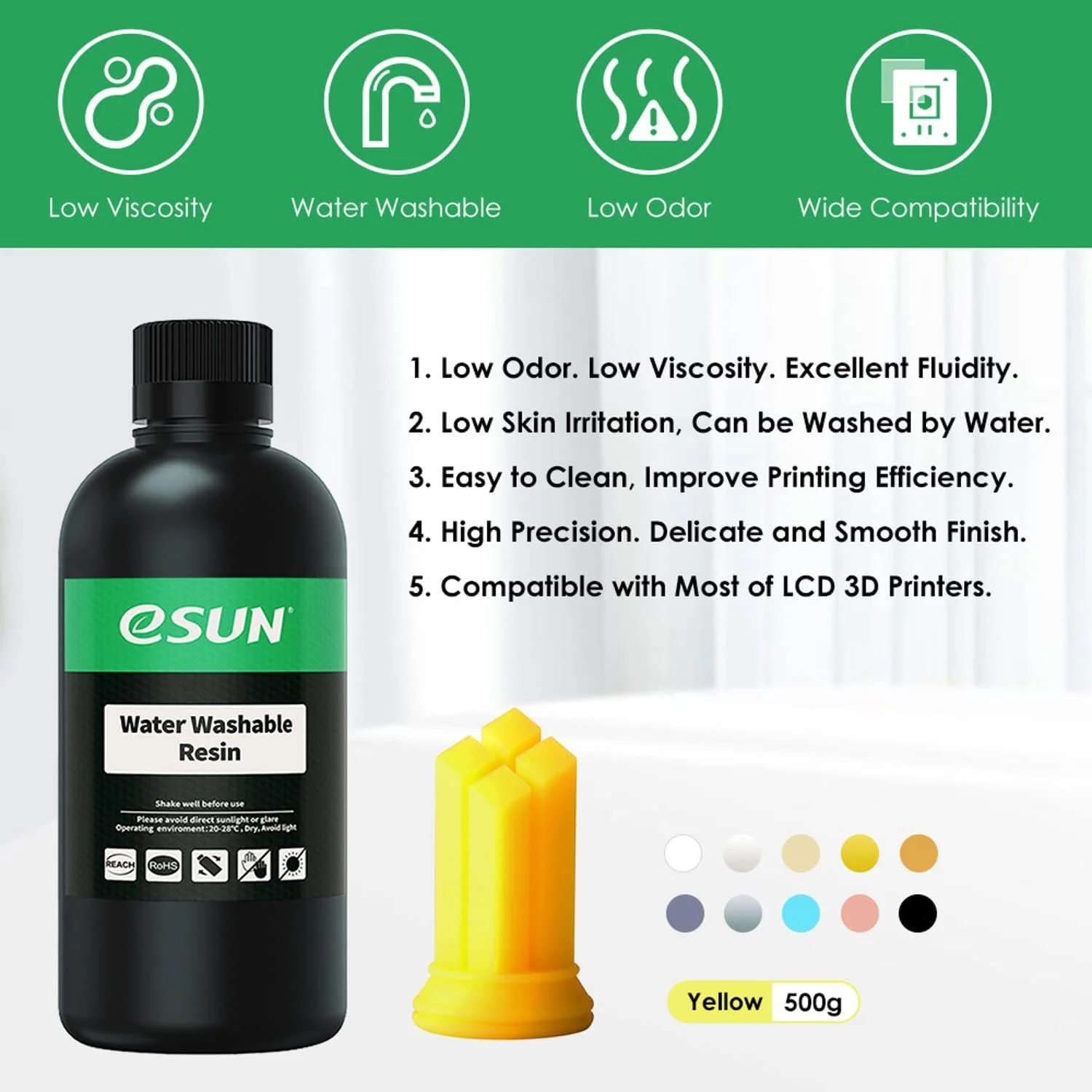 رزین قابل شستشو با آب eSUN برای پرینتر سه بعدی، رزین فوتوپلیمری سریع UV 405 نانومتری، رزین استاندارد فوتوپلیمری برای پرینتر سه بعدی 500 گرمی - زرد رزین قابل شستشو با آب eSUN برای پرینتر سه بعدی، رزین فوتوپلیمری سریع UV 405 نانومتری، رزین استاندارد فوتوپلیمری برای پرینتر سه بعدی 500 گرمی - زرد