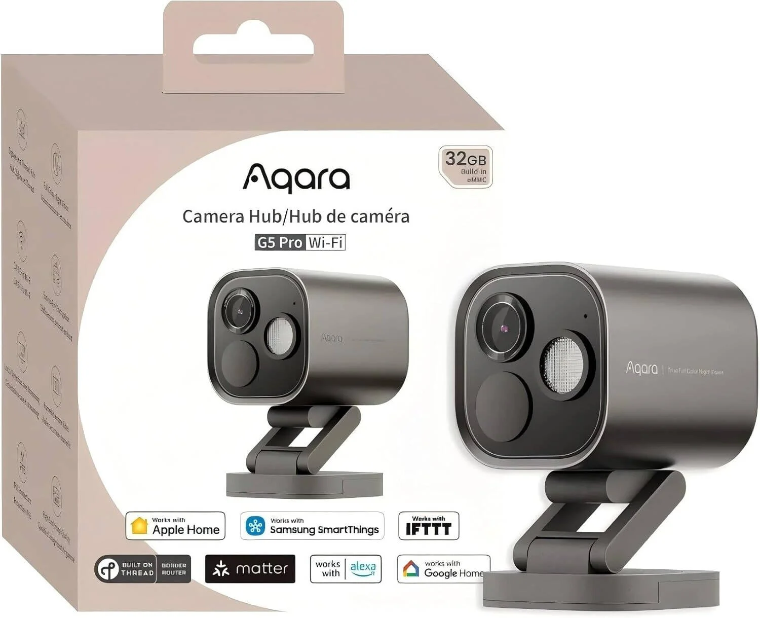 هاب دوربین وای فای Aqara G5 Pro، دید در شب تمام رنگی، رمزگذاری سرتاسر، تشخیص و پخش محلی، وای فای 2.4/5 گیگاهرتز، محافظت IP65، هاب Zigbee و Thread، مشکی | CH-C07D